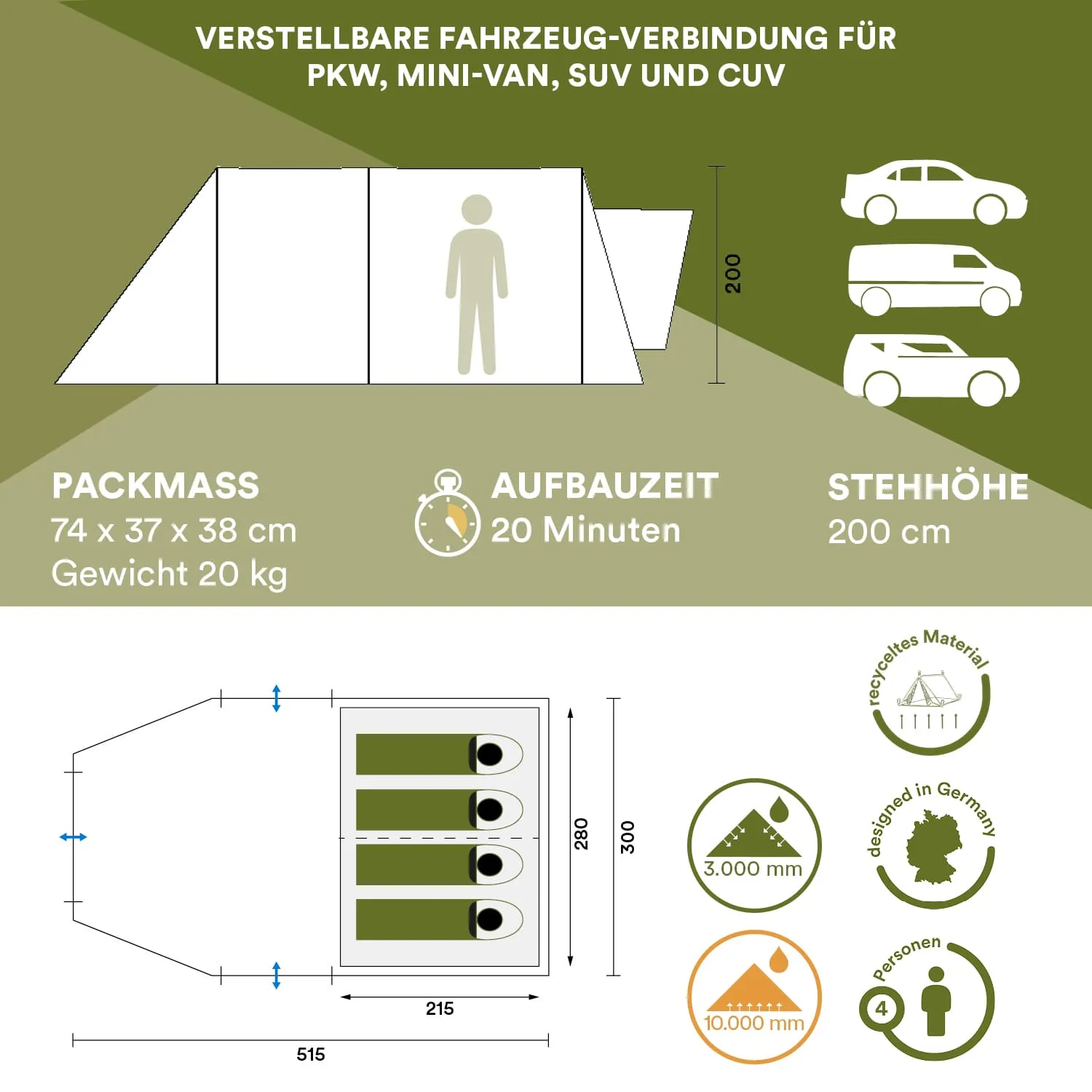 Verstellbare Fahrzeug-Verbindung für PKW, Mini-Van, SUV. Packmaß 74x37x38 cm, Gewicht 20 kg. Aufbaubezeit 20 Minuten, Stehhöhe 200 cm. Maße 515x300 cm, für 4 Personen. Recyceltes Material.