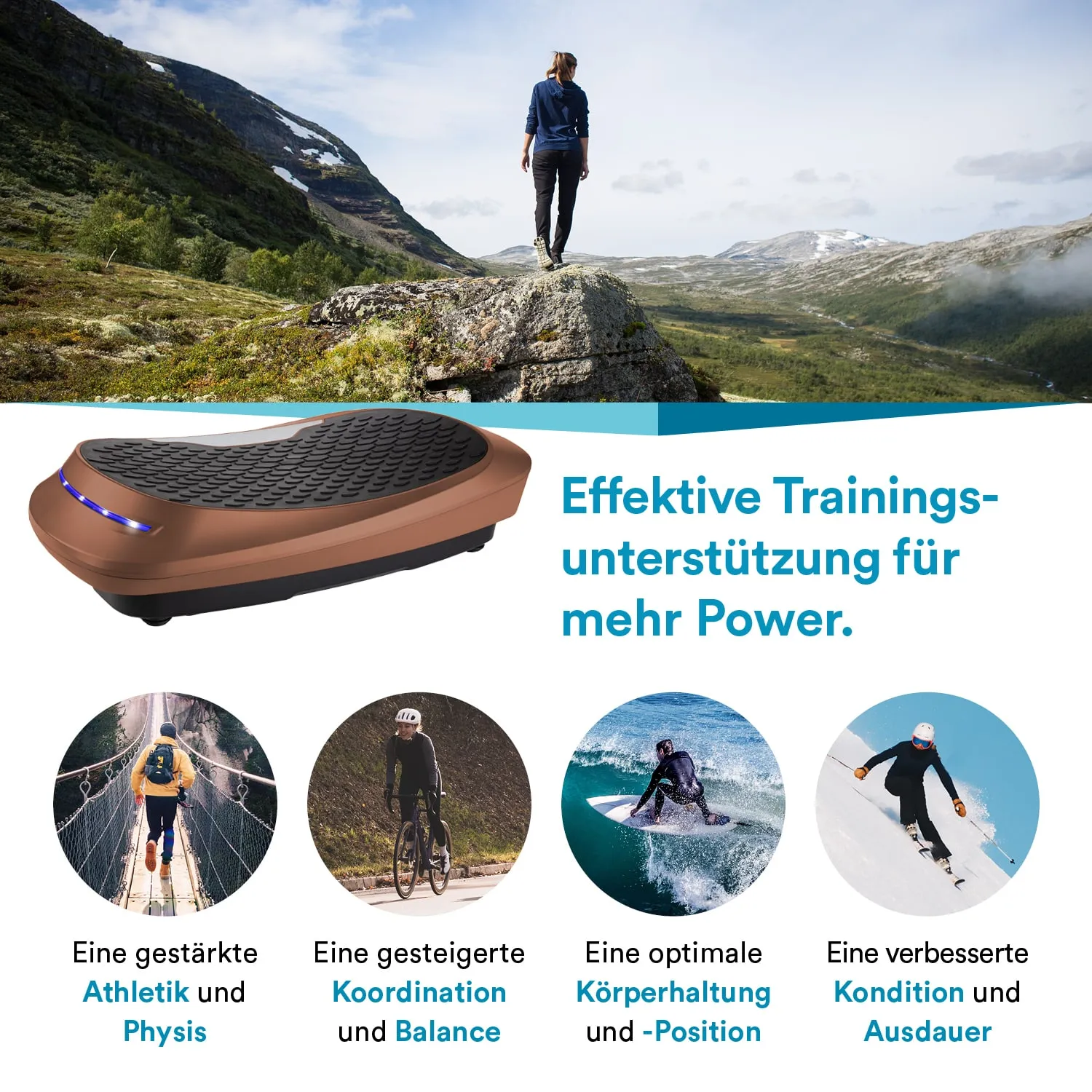 Ein Trainingsgerät in Braun auf einem Feld mit einem Berg im Hintergrund. Eine Person steht auf einem Felsen. Textdetails unten.
