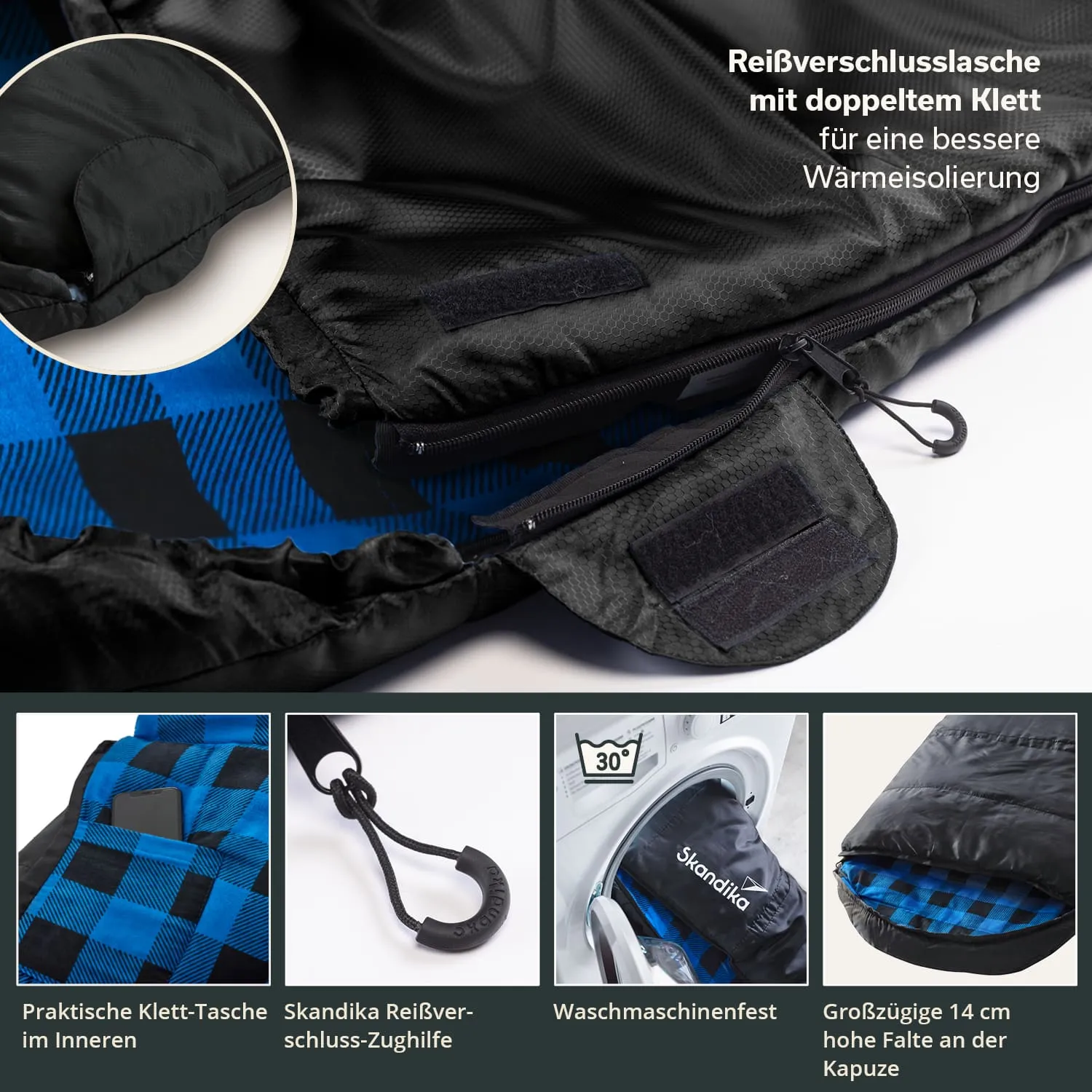Schwarzer Schlafsack mit innerer Klett-Tasche und Reißverschlusszughilfe. Hervorgehobene Details zur Waschmaschinentauglichkeit und Kapuze.