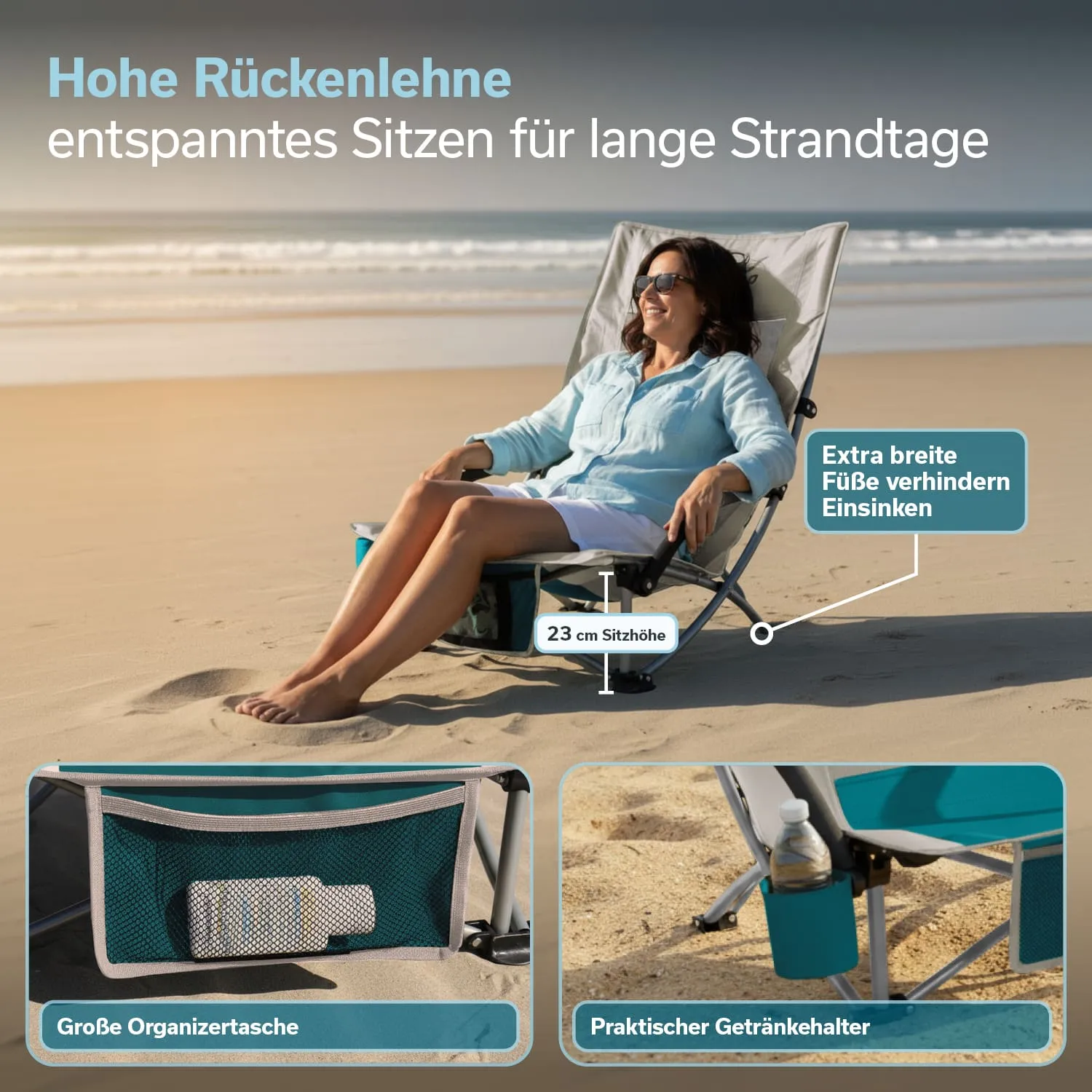Strandstuhl mit hoher Rückenlehne, Person entspannt sitzend am Strand. Sichtbare Organizer-Tasche und Getränkehalter.