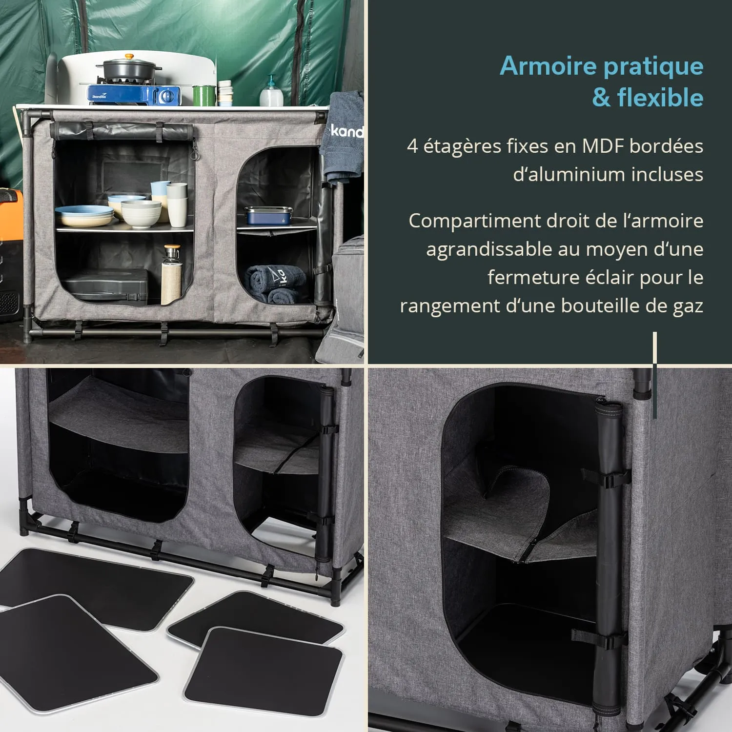 Grau-farbener Camping-Schrank mit vier Regalen, teilweise offen. Darunter liegen schwarze Platten. Küchenutensilien sind sichtbar.