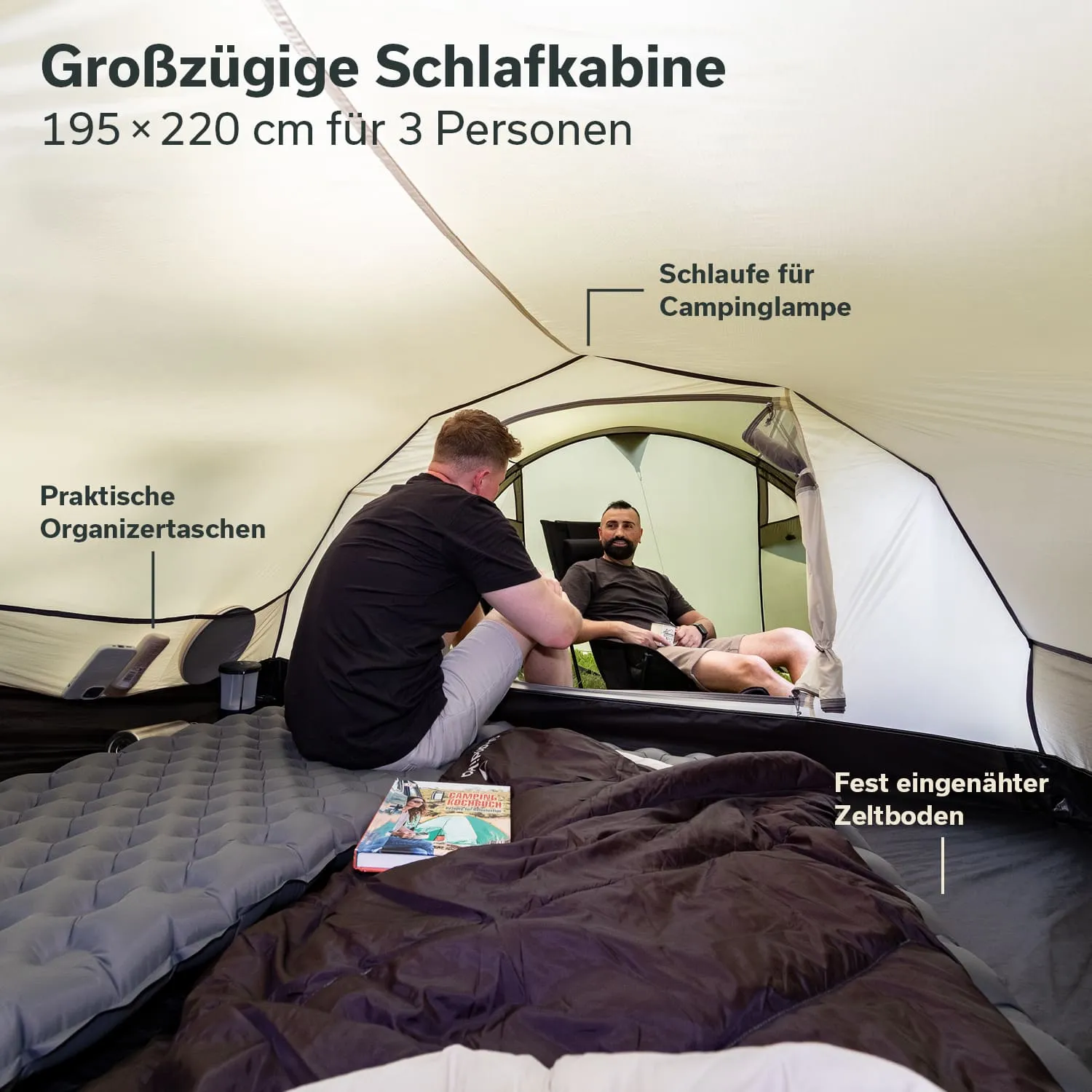 Zeltinneres mit zwei Personen. Eine Person sitzt auf einer Liege, die andere auf einem Schlafsack. Sichtbare Organizer-Taschen.