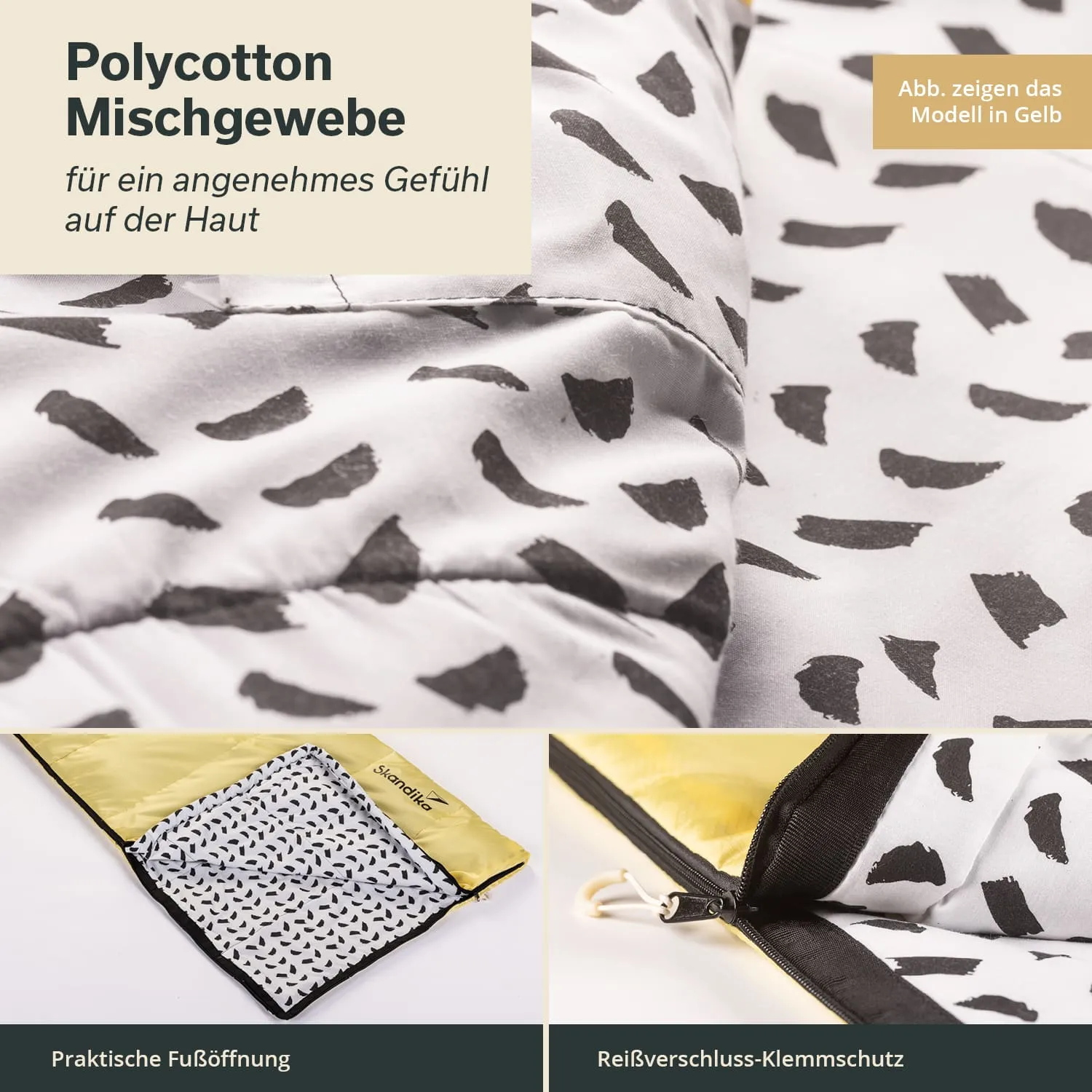 Polyester-Baumwoll-Mischgewebe mit schwarzem Muster auf hellem Hintergrund. Teil eines Schlafsacks mit gelbem Innenfutter, gezeigte Reißverschlussdetails.