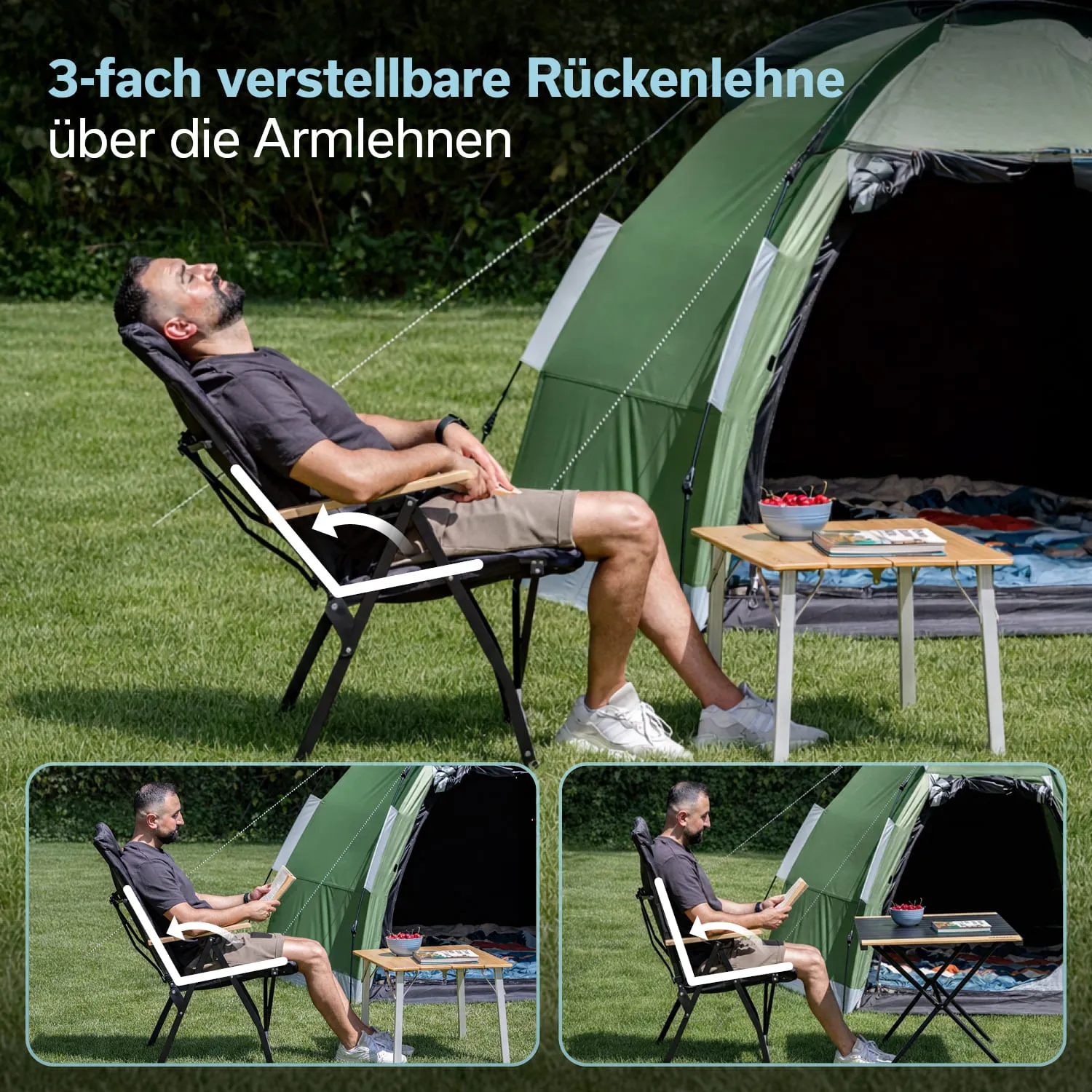 Ein Mann sitzt in einem verstellbaren Stuhl vor einem Zelt auf grüner Wiese. Neben ihm steht ein kleiner Tisch mit einem Buch und einer Schale.