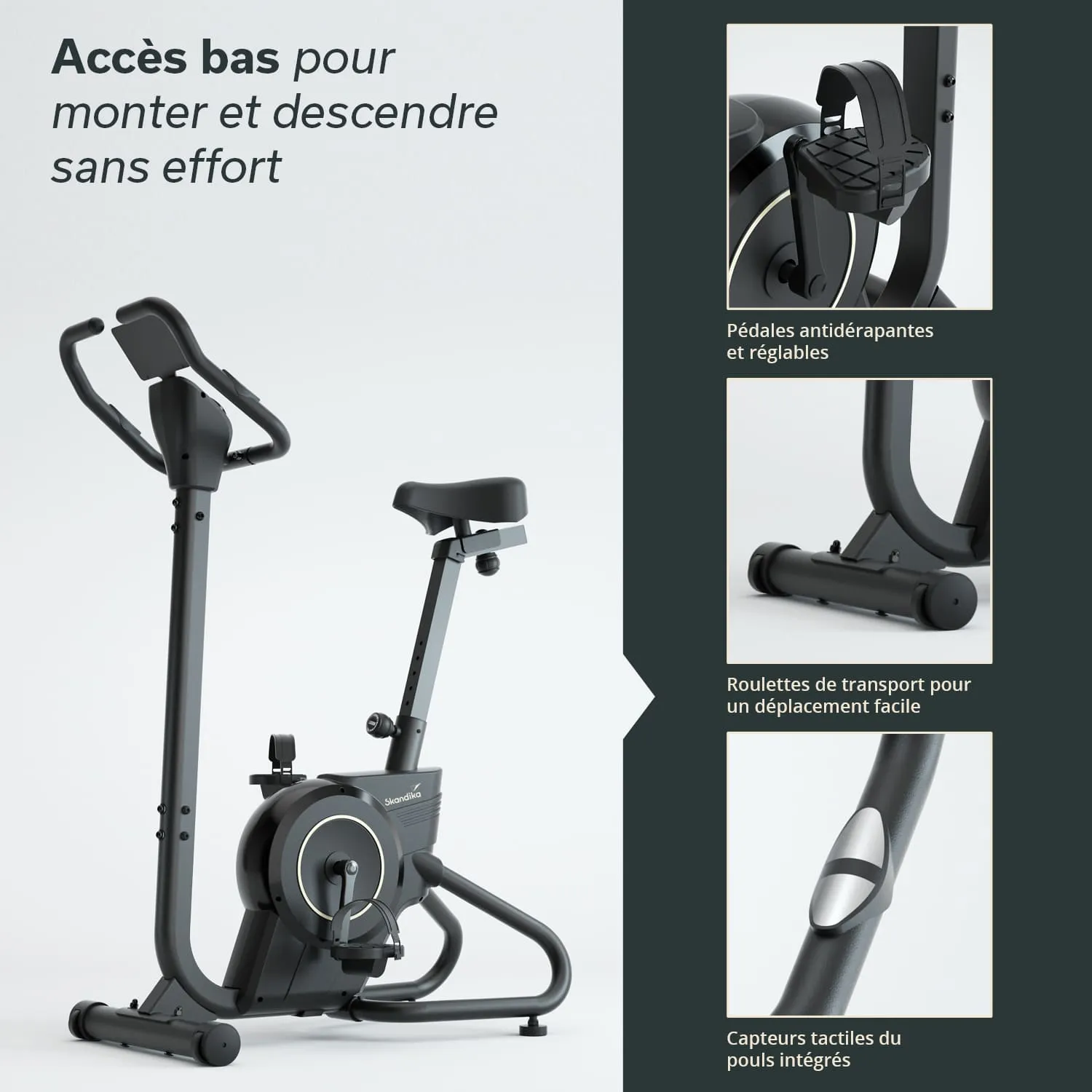 Schwarzes Ergometer mit rutschfesten Pedalen, verstellbarem Sattel und integrierten Puls-Tracker. Transportrollen vorhanden.