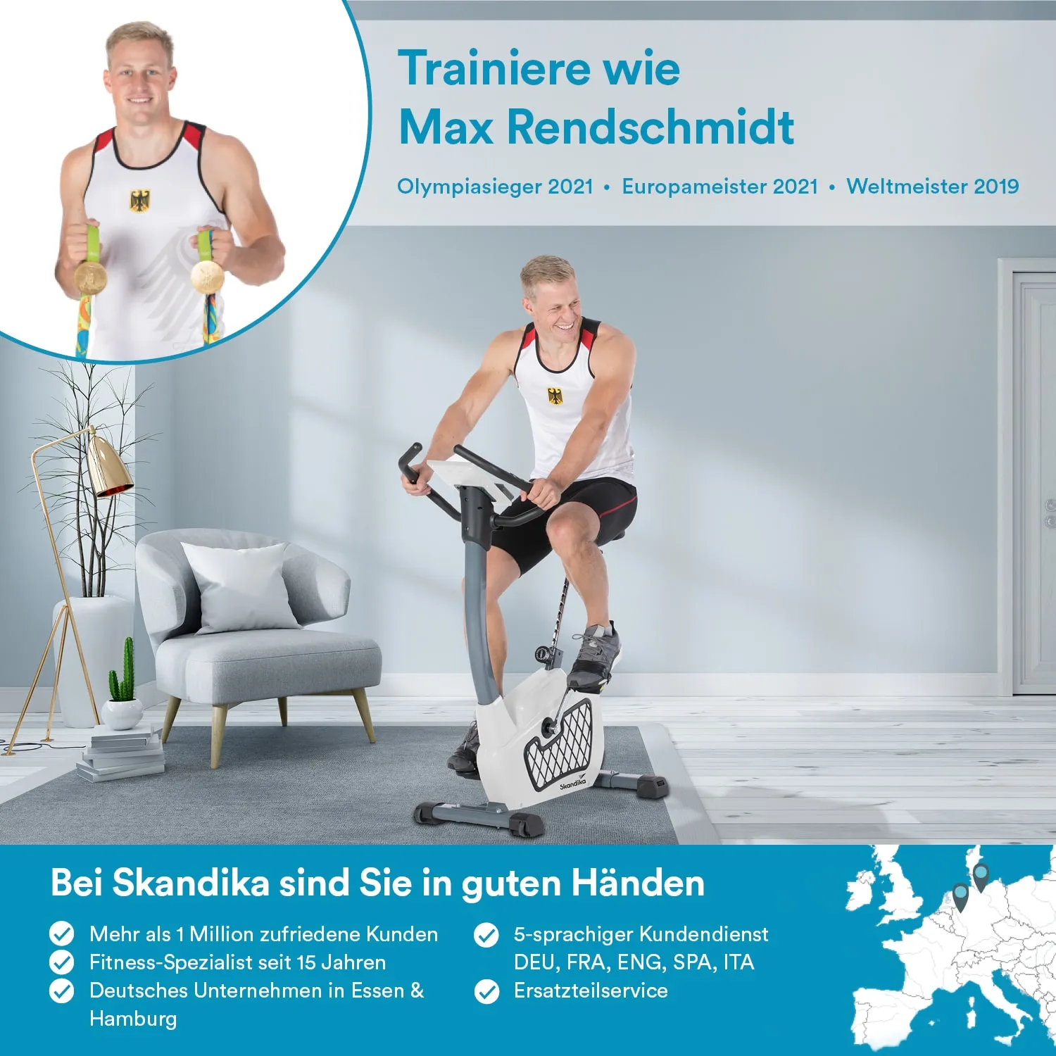 Mann in Sportkleidung sitzt auf einem Heimtrainer in einem modernen Raum. Links oben sind Medaillen abgebildet.