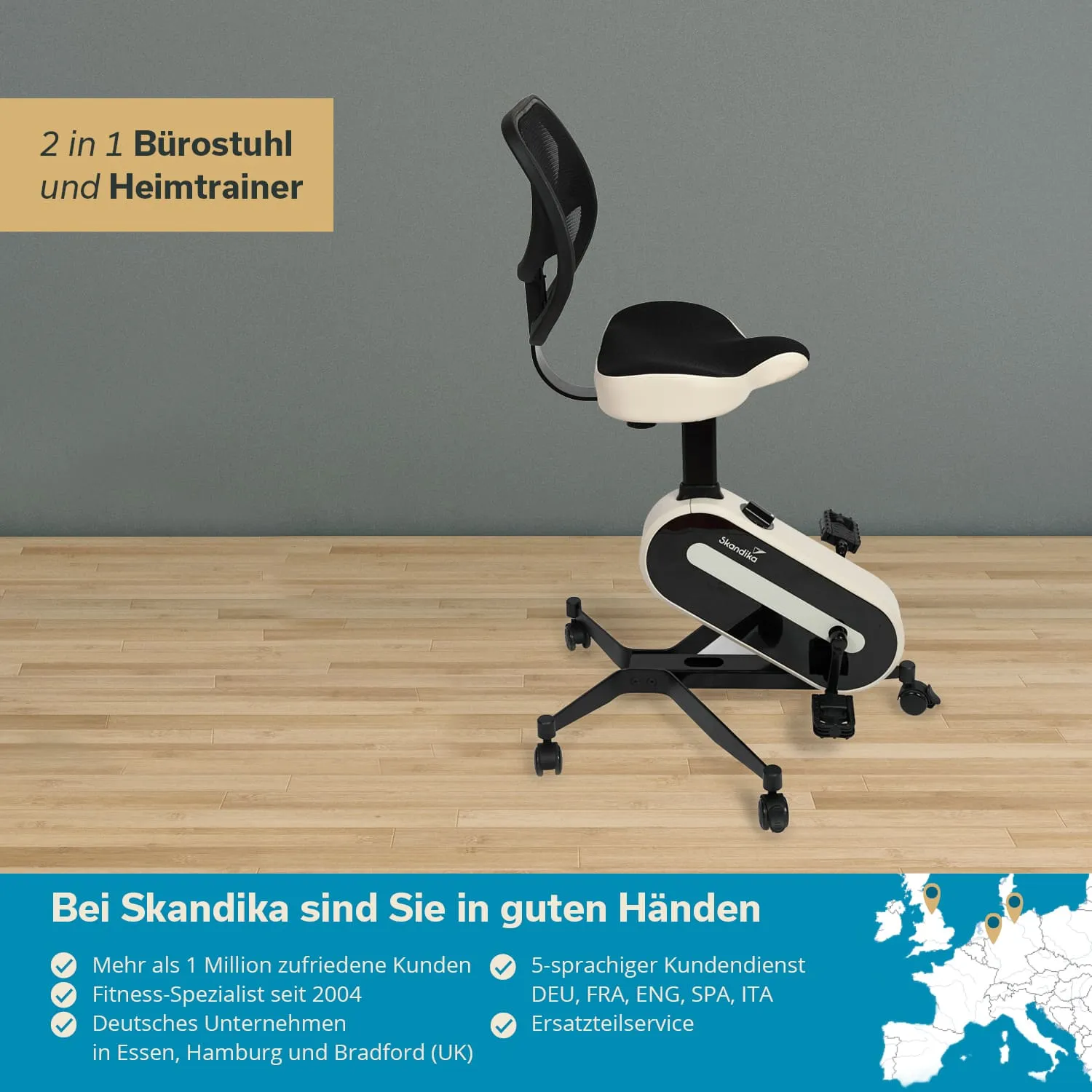 Bürostuhl und Heimtrainer in einem, mit schwarzem Sitz und Rückenlehne, weißen Akzenten und Pedalen. Holzfußboden im Hintergrund.