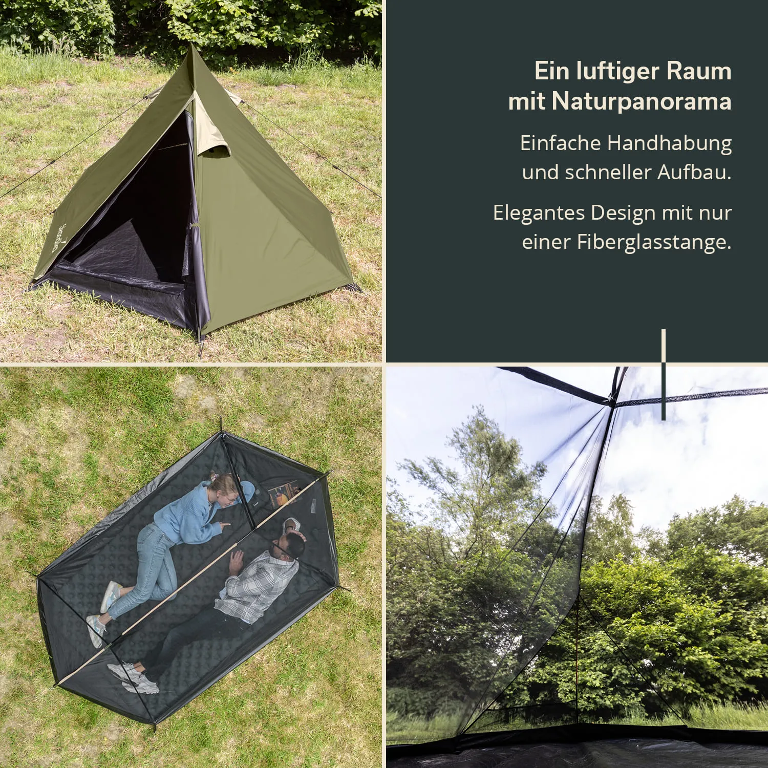 Ein grünfarbenes Zelt steht auf einer Wiese. Rechts oben ist ein Textfeld. Unten links liegen zwei Personen in einem Netz-Zelt. Rechts unten ist der Blick durch das Netz auf Bäume.