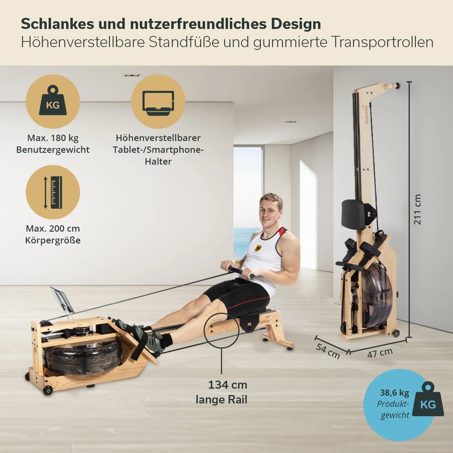 Rudergerät aus Holz mit einem Benutzer, der die Ruderbewegung ausführt. Angaben zu Gewichtsgrenzen und Maßen sind dargestellt.