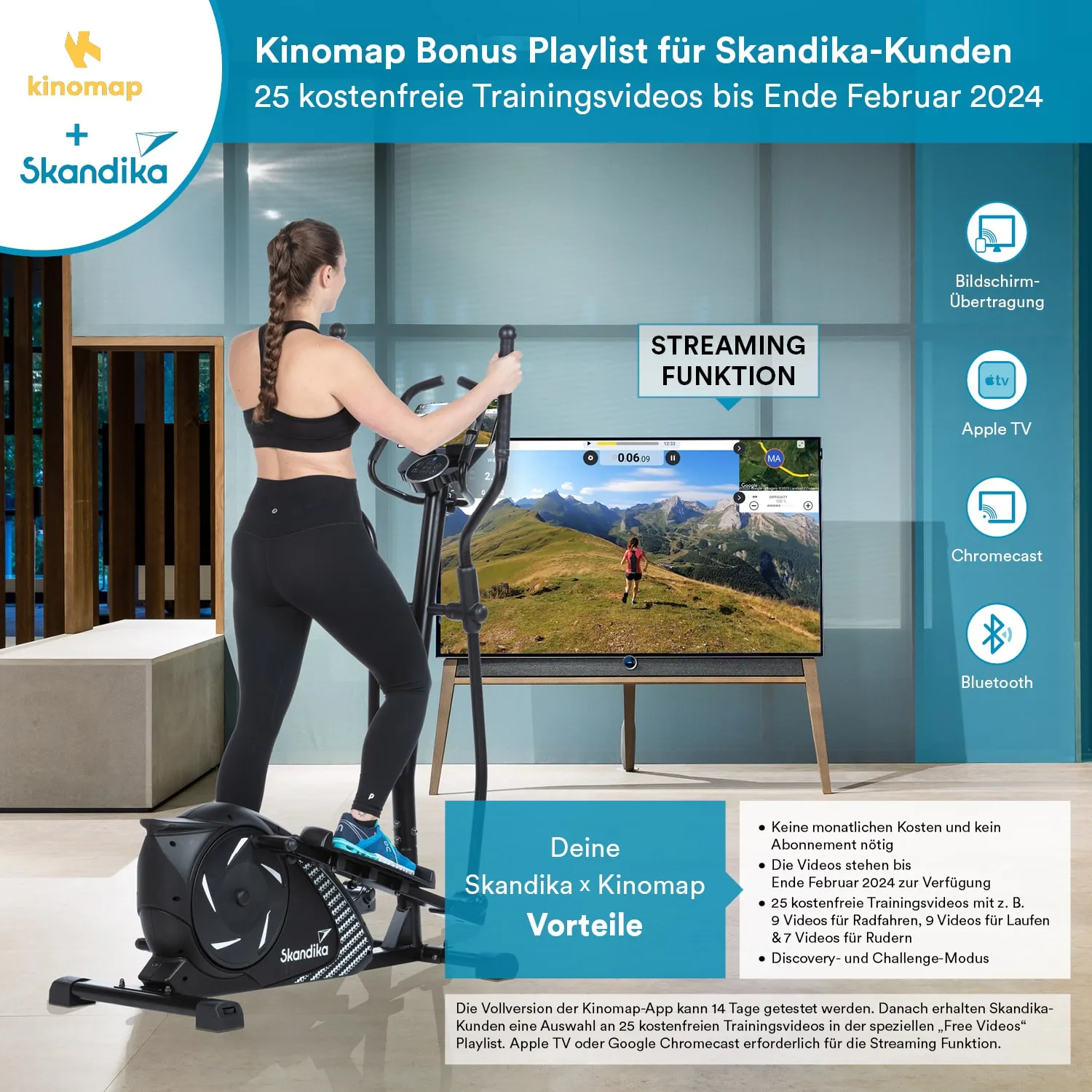 Person trainiert an einem Ellipsentrainer vor einem Bildschirm, der eine Landschaft zeigt. Textinformationen zu Kinomap und Skandika sind sichtbar.