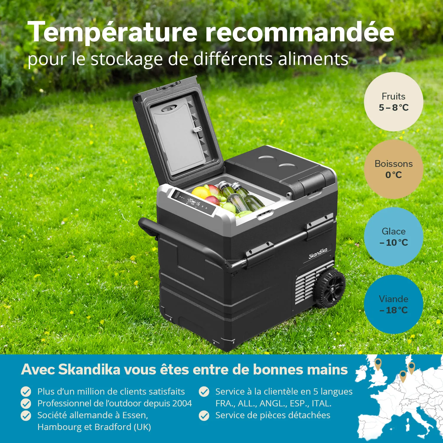 Kühlbox auf einer Rasenfläche mit geöffnetem Deckel. Enthält Obst und Getränke. Temperaturhinweise für verschiedene Lebensmittel sind sichtbar.