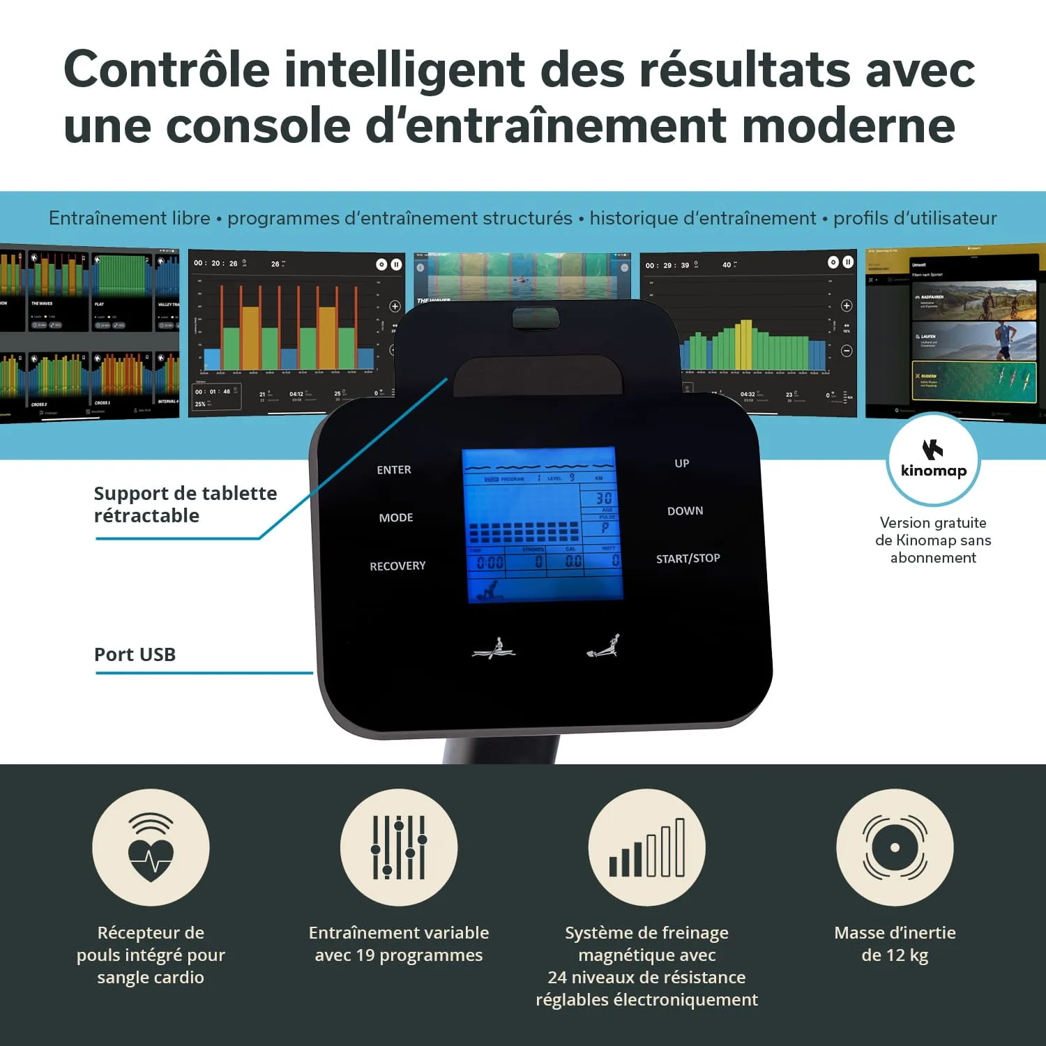 Konsolenansicht eines Fitnessgeräts mit Bildschirm, Tasten und USB-Port. Grafiken im Hintergrund zeigen Trainingsstatistiken.
