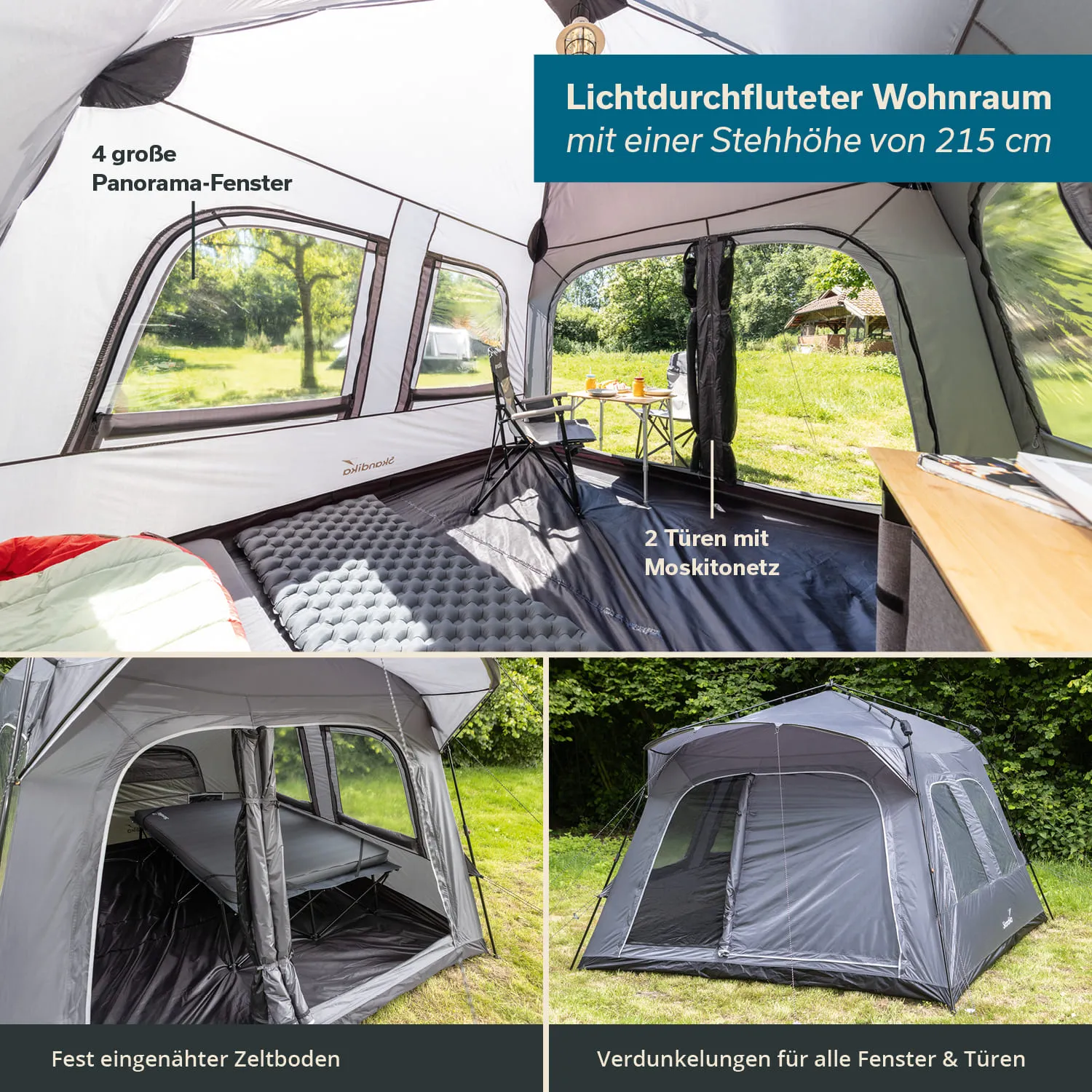 Zelt mit hellem Innenraum, 4 Panorama-Fenstern, 2 Türen mit Moskitonetz, Stuhl und Tisch im Innenbereich, Außenansicht eines weiteren Zeltteils.