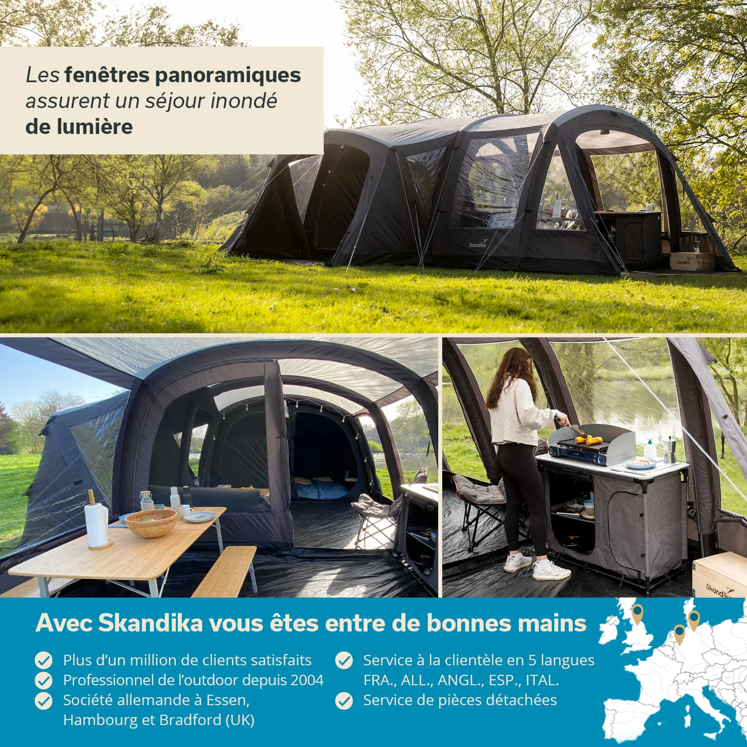 Zelt in einer grünen Wiese mit Panoramafenstern. Oben links: Zeltansicht mit Licht. Unten links: Innenszene mit Tisch. Unten rechts: Person kocht.