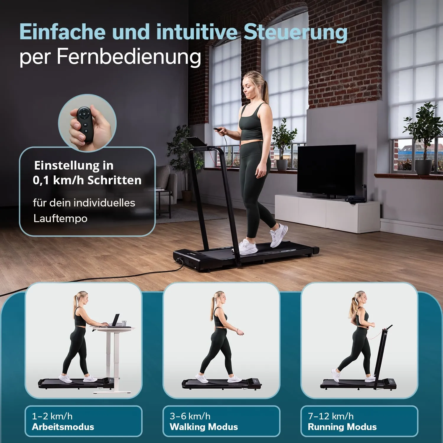 Person läuft auf einem Laufband in einem modernen Raum. Hinweise zur Steuerung und Geschwindigkeitsmodi sind abgebildet.