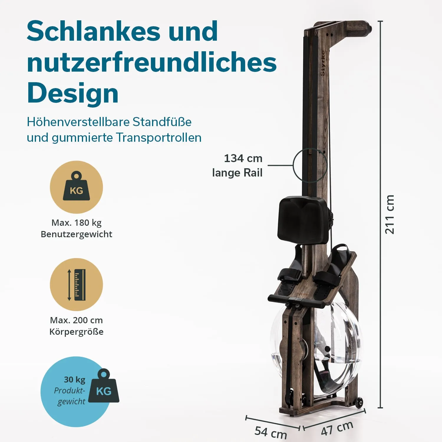 Rudergerät aus Holz mit verstellbaren Standfüßen, einem langen Rail und Transportrollen. Maße und Gewichtsangaben sind angegeben.