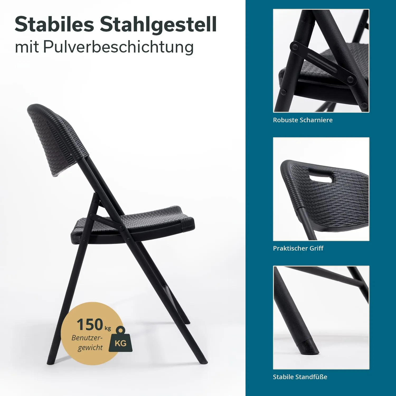 Schwarzer Klappstuhl mit stabilem Stahlgestell und Pulverbeschichtung. Details zu Griff, Standfüßen und Benutzergewicht in der Ecke.