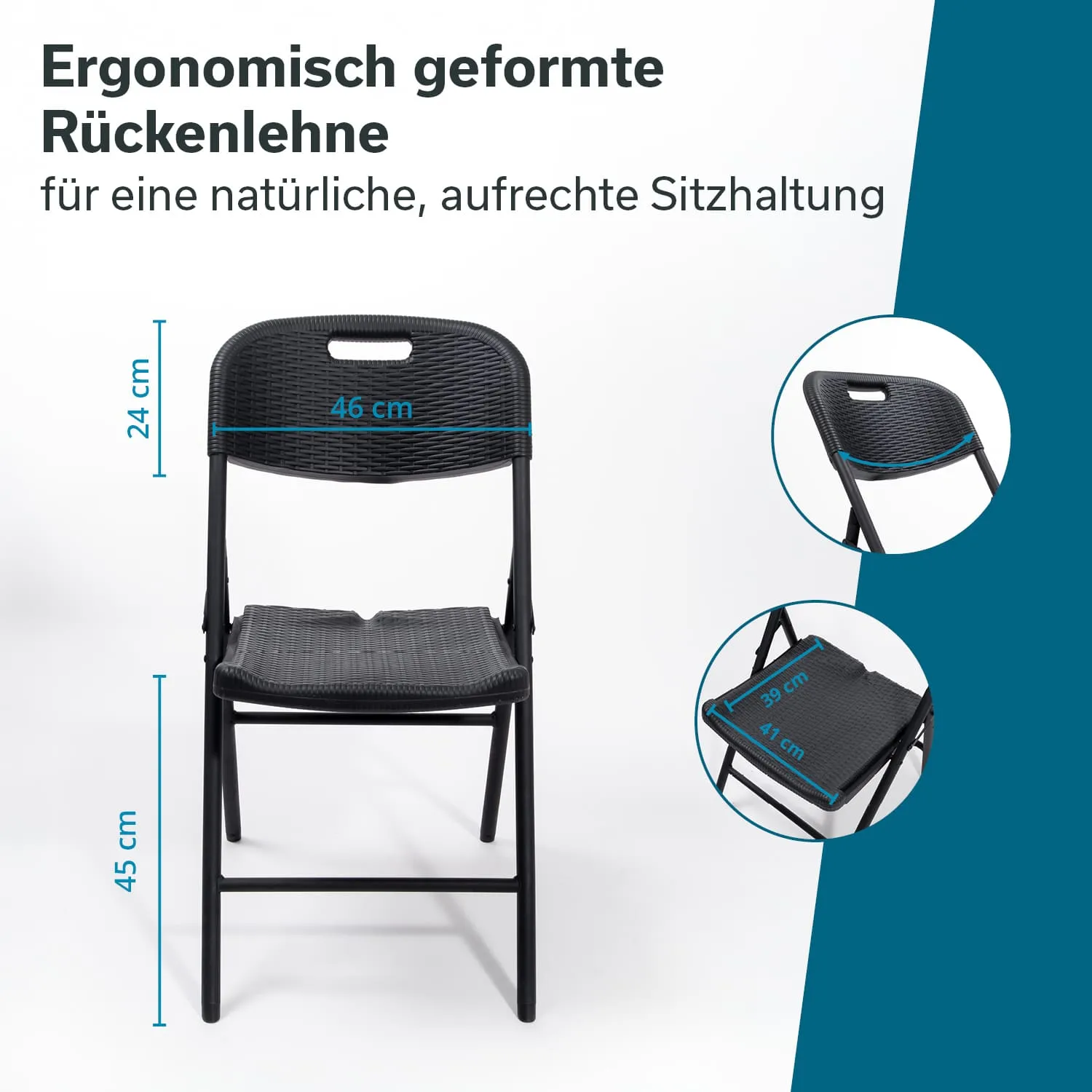 Schwarzer Klappstuhl mit ergonomischer Rückenlehne und Maßen: Sitzhöhe 45 cm, Sitzfläche 39 x 41 cm, Lehne 24 cm hoch.
