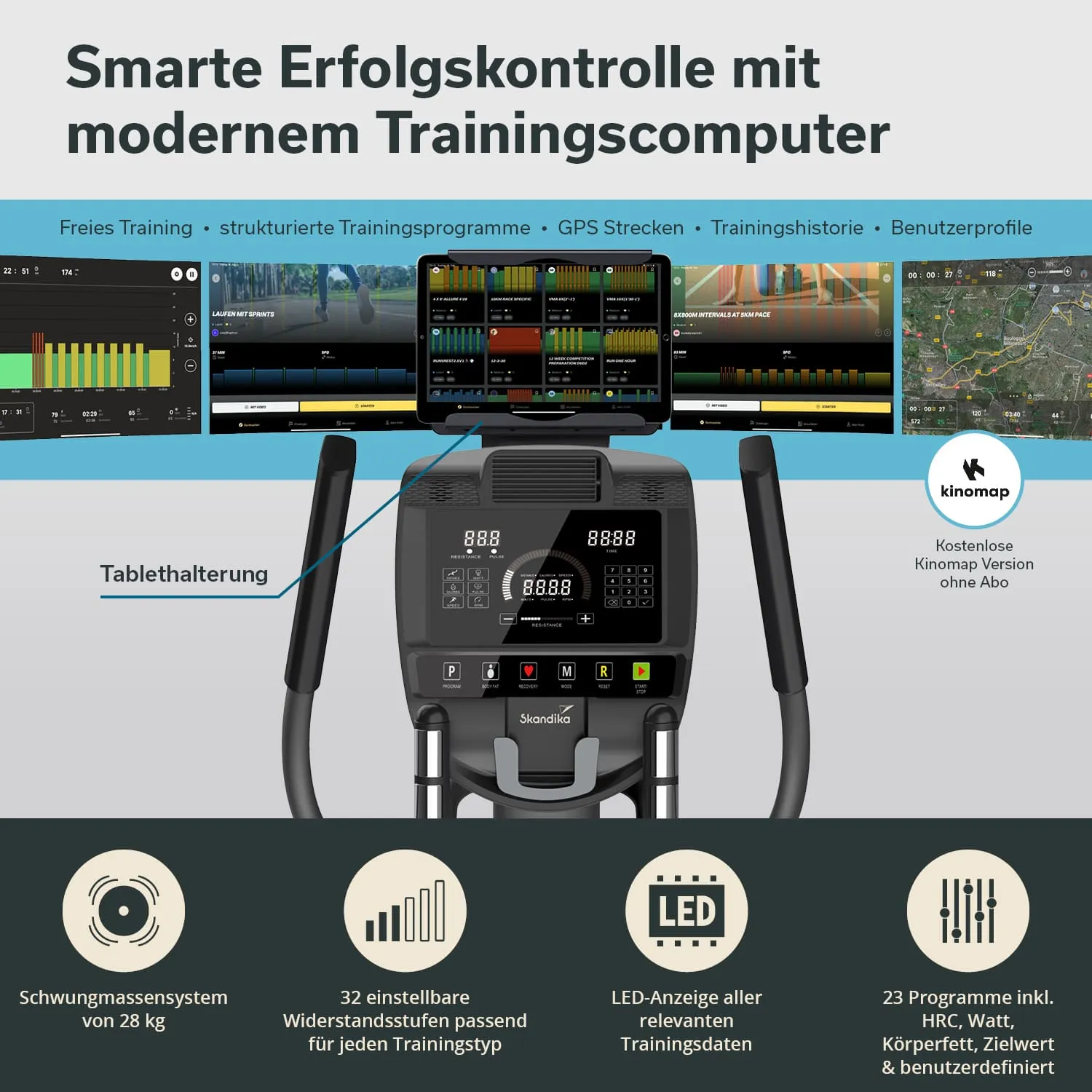 Moderne Trainingsmaschine mit Tablet-Halterung, Widerstandseinstellungen, LED-Anzeige und verschiedenen Trainingsprogrammen.