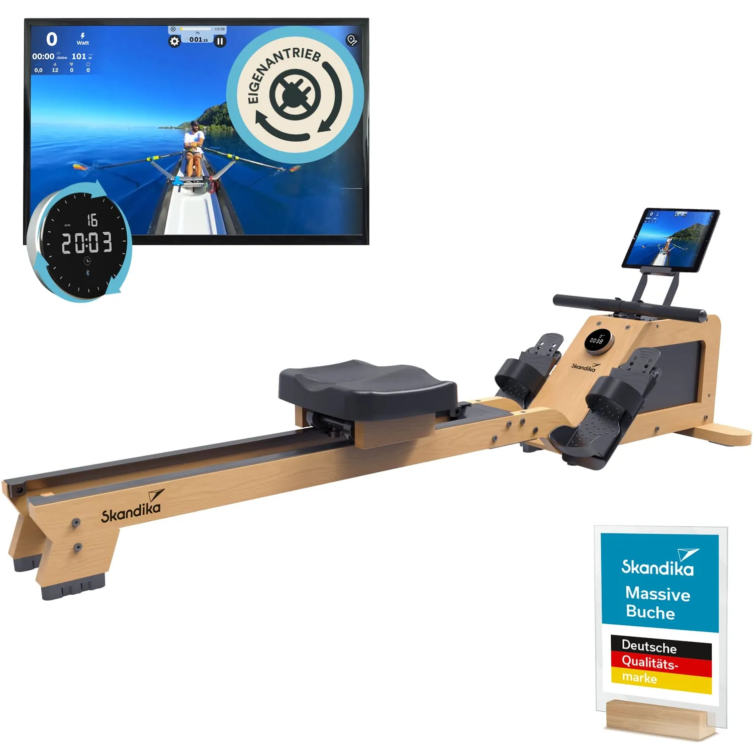 Rudergerät aus Holz mit schwarzem Sitz und Fußstützen. An einem Monitor läuft ein Ruder-Gameplay. Daneben ist ein Schild mit Informationen.