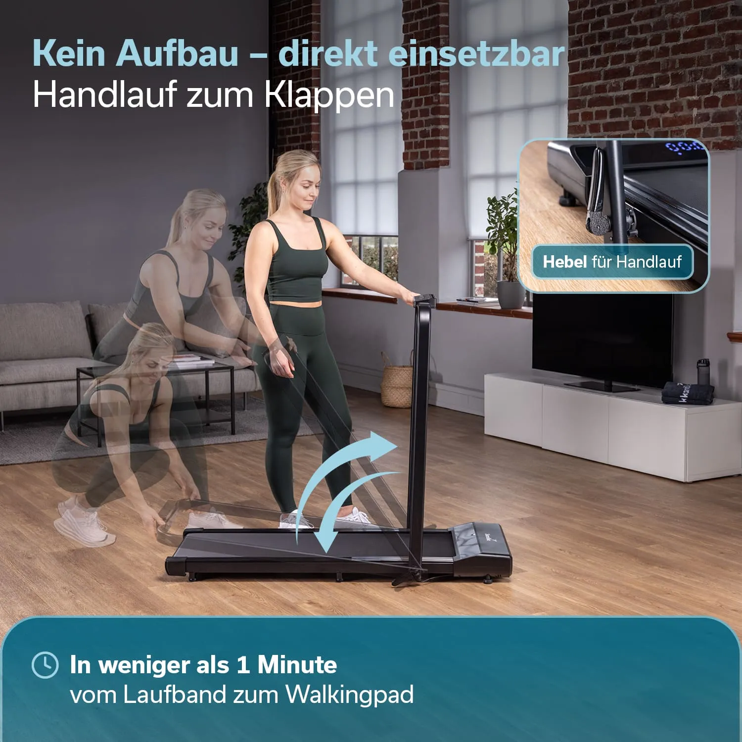 Eine Person steht neben einem gefalteten Laufband in einem Raum mit Holzfußboden. Große Fenster lassen Tageslicht herein. Ein Fernseher steht in der Ecke.