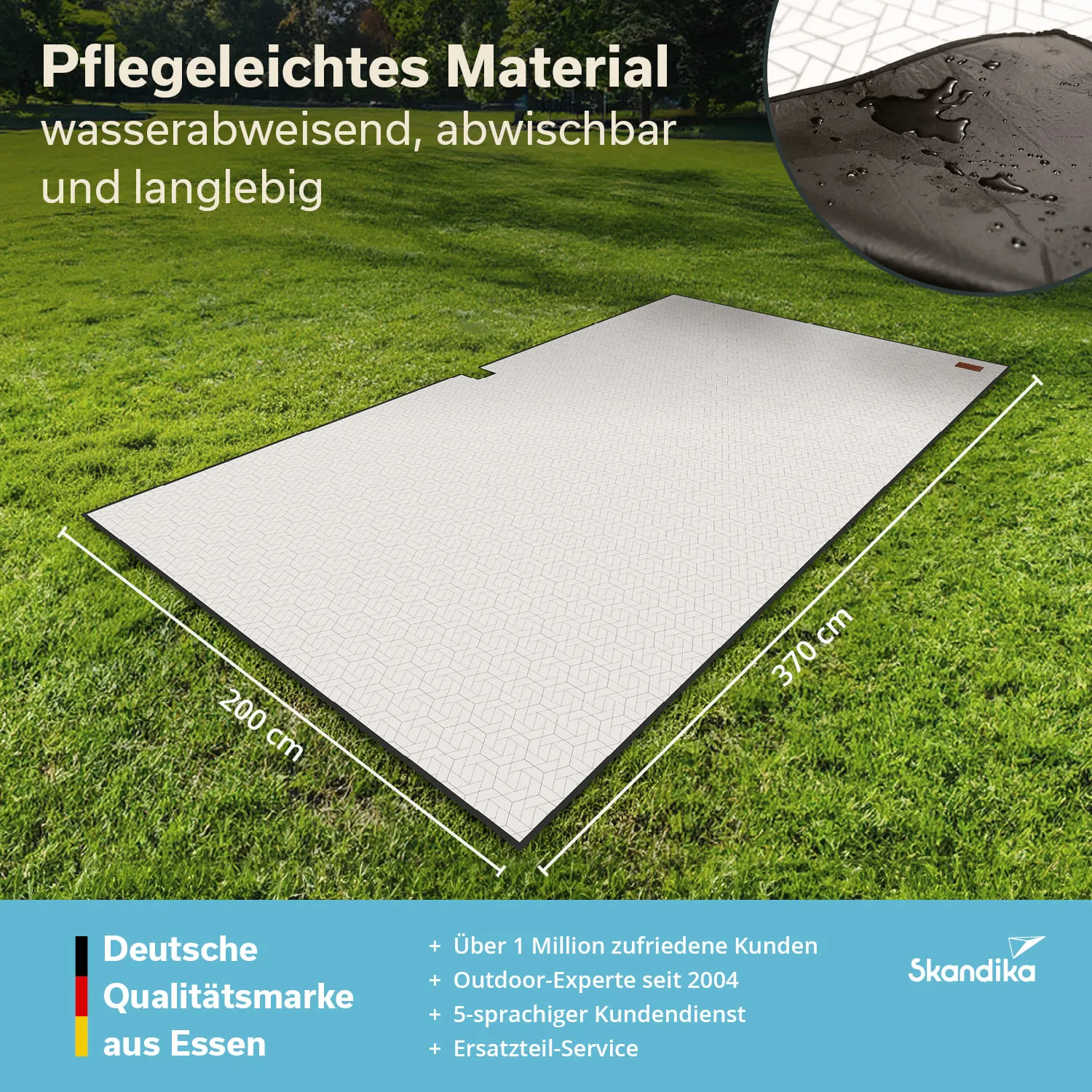 Eine große, rechteckige Matte auf grünem Gras. Die Matte ist hellgrau mit einem geometrischen Muster und hat schwarze Ränder. Maße sind angegeben: 200 cm x 370 cm. Textinformationen über das Material und die Marke sind im Bild sichtbar.