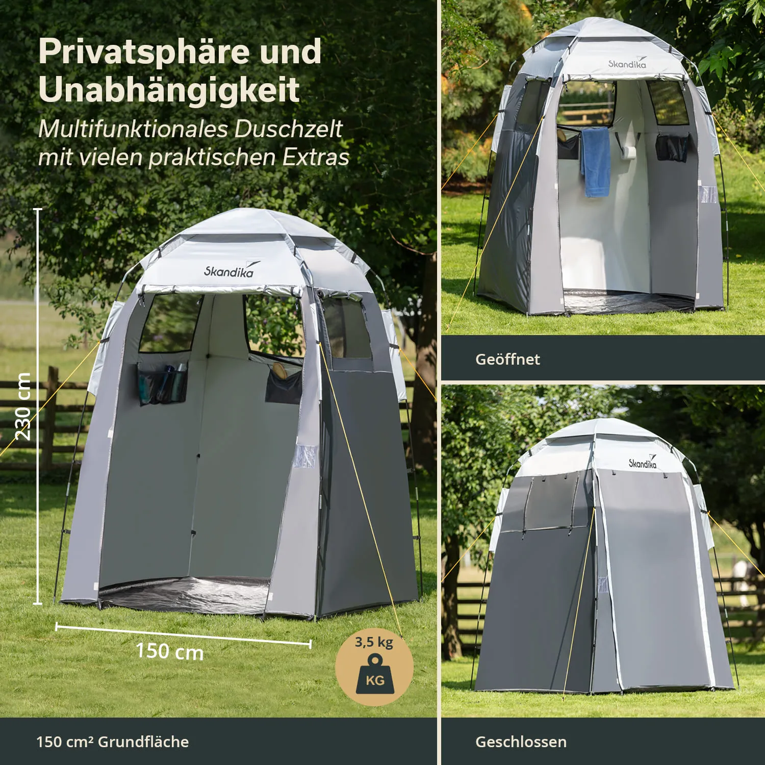 Duschzelt in grauer Farbe, im Freien auf Grasfläche. Geöffnet und geschlossen abgebildet, mit Maßen und Gewicht.