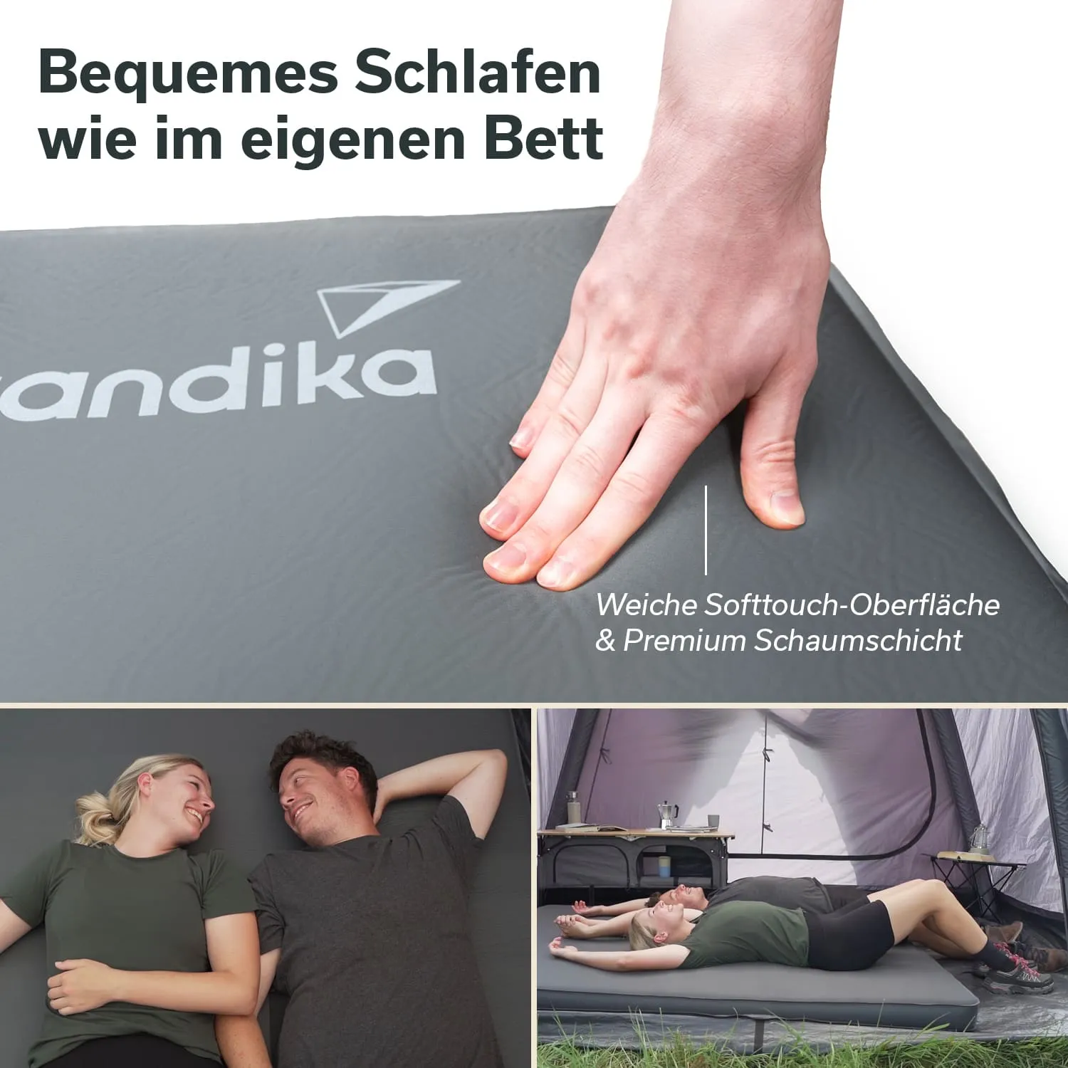 Graue Schlafmatte mit Logo, Hand berührt die Oberfläche. Unten: Zwei Personen lächeln, liegen nebeneinander im Zelt.