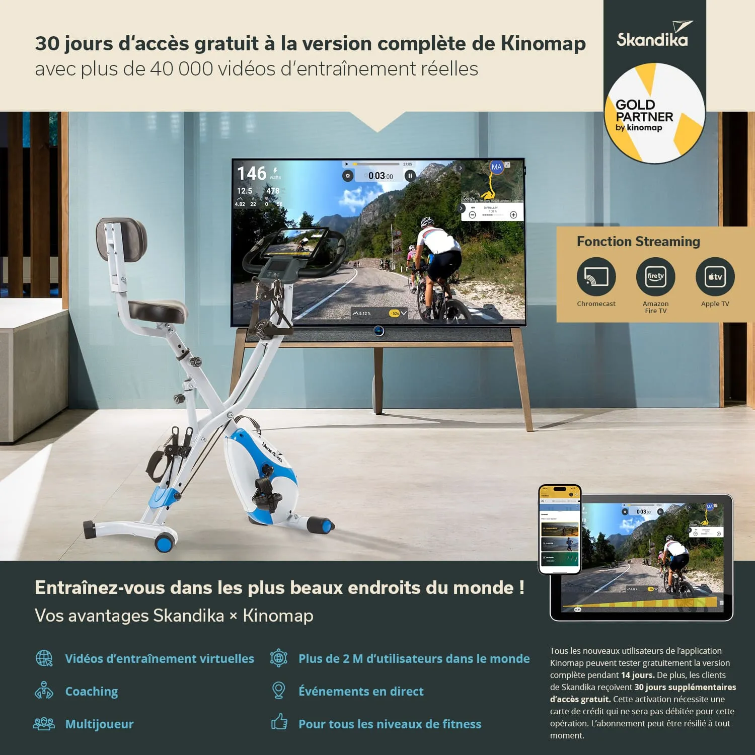 Fahrradtrainer mit Bildschirm zeigt virtuellen Trainingskurs. Hinweis auf 30 Tage kostenlose Nutzung von Kinomap.