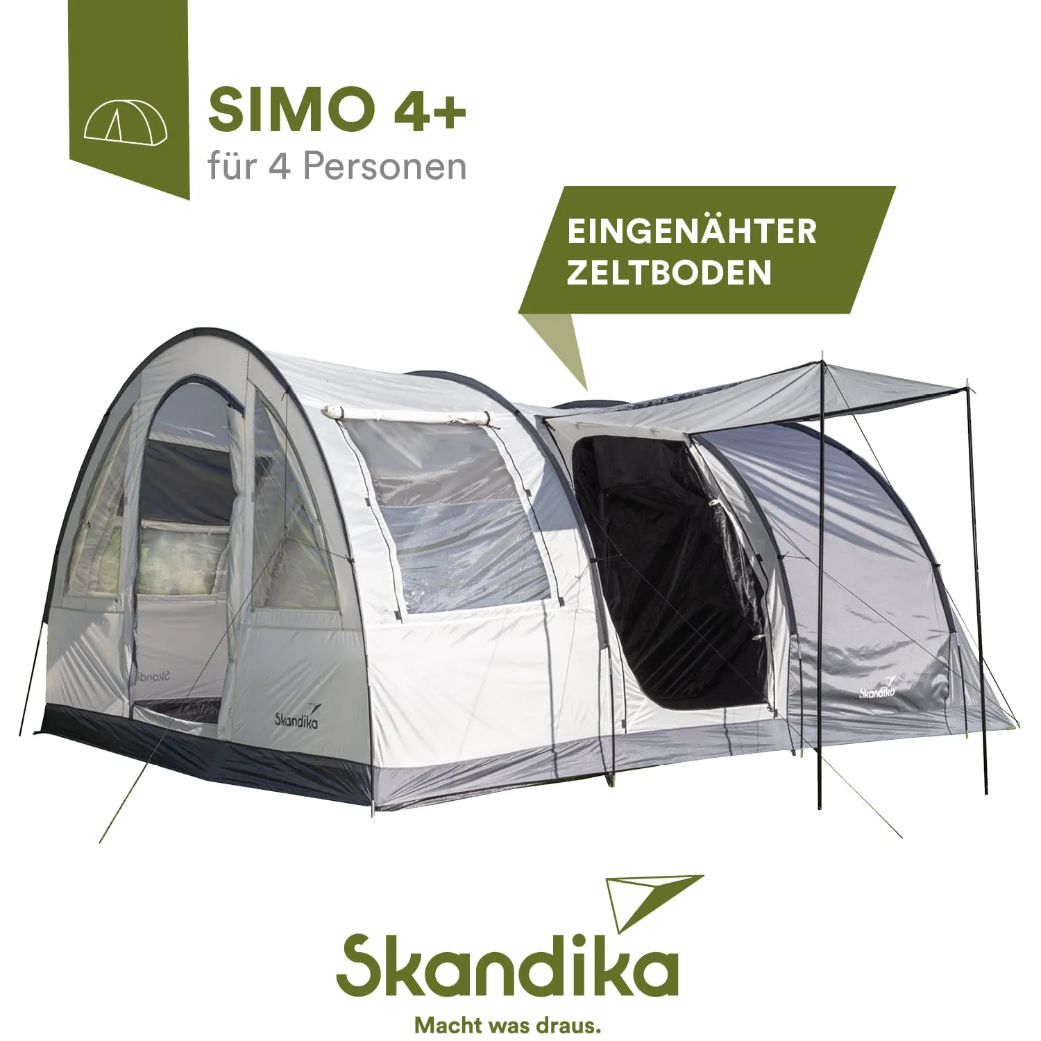 Zeltmodell SIMO 4+ für vier Personen, mit integrierten Zeltboden. Material in Grau und Weiß. Logo der Marke Skandika sichtbar.