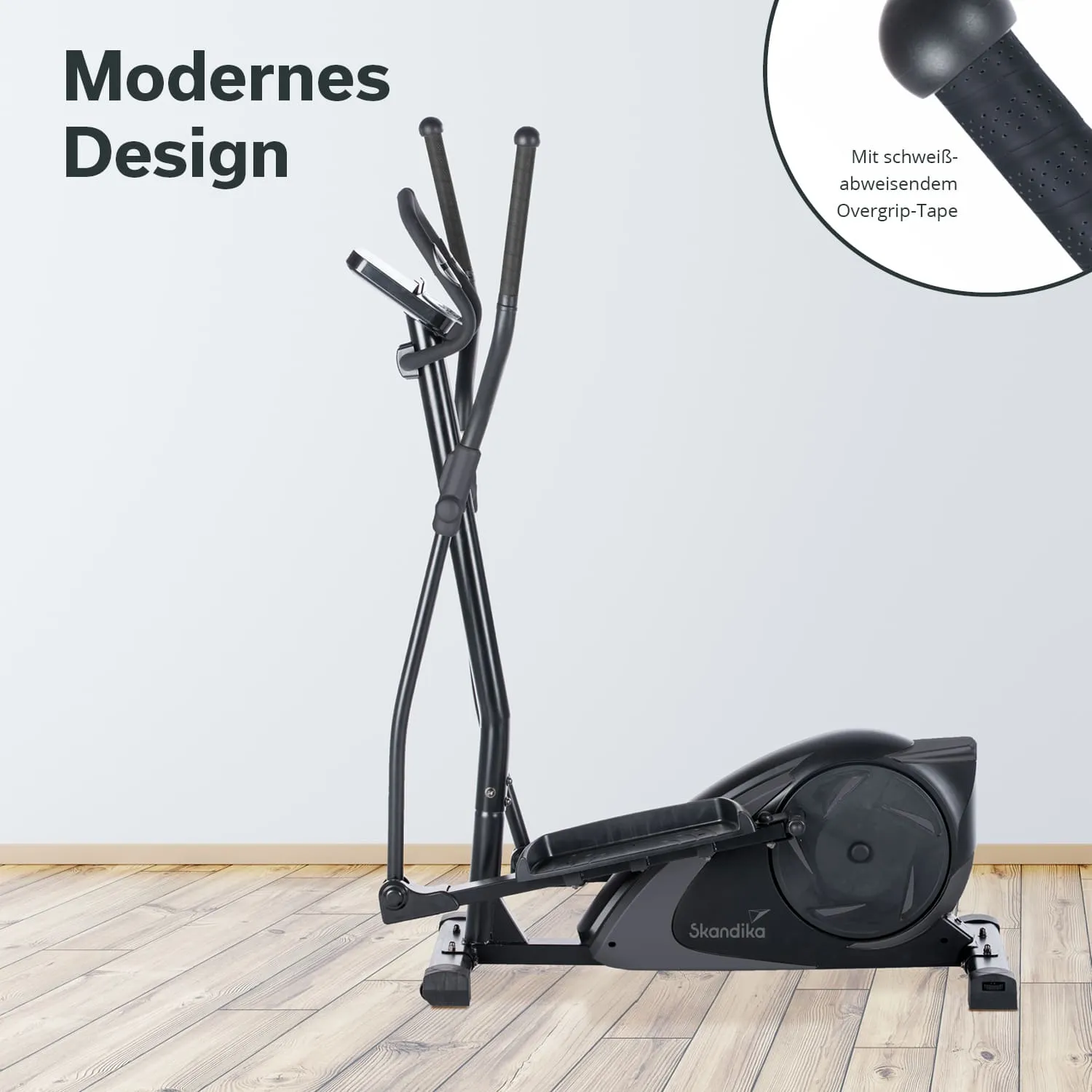 Ellipsentrainer in modernem Design, aus schwarzem Metall mit Holzboden und grauer Wand im Hintergrund.