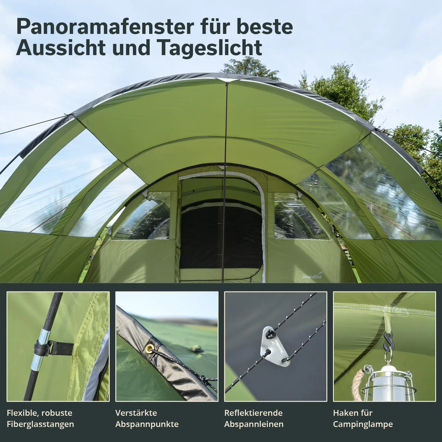 Zelt mit Panoramafenstern, robusten Fiberglastangen und verschiedenen Details zu Abspannpunkten und Halterungen.