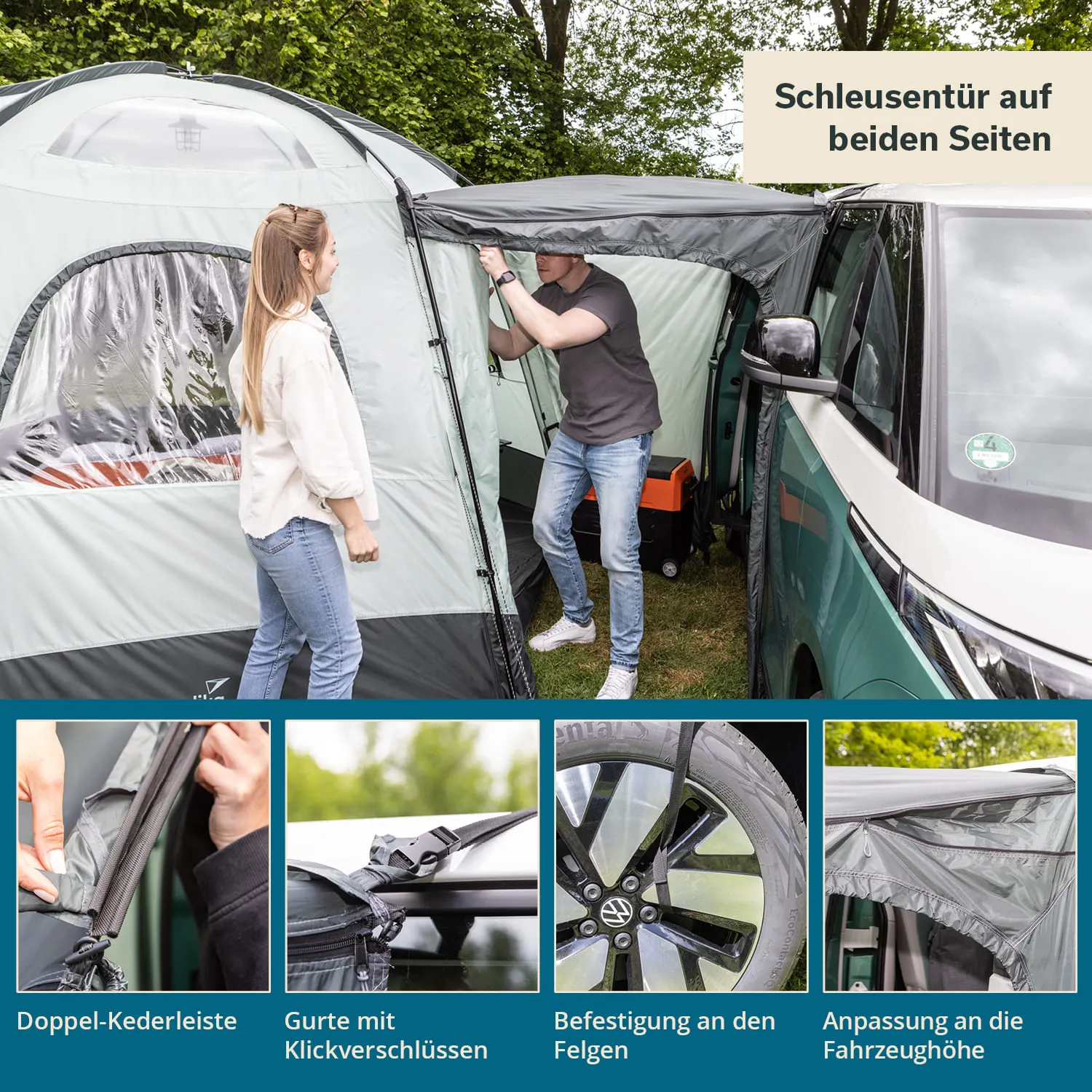 Zelt mit einer Person, die eine Tür öffnet, und einer weiteren Person daneben. Im Hintergrund ein Fahrzeug.