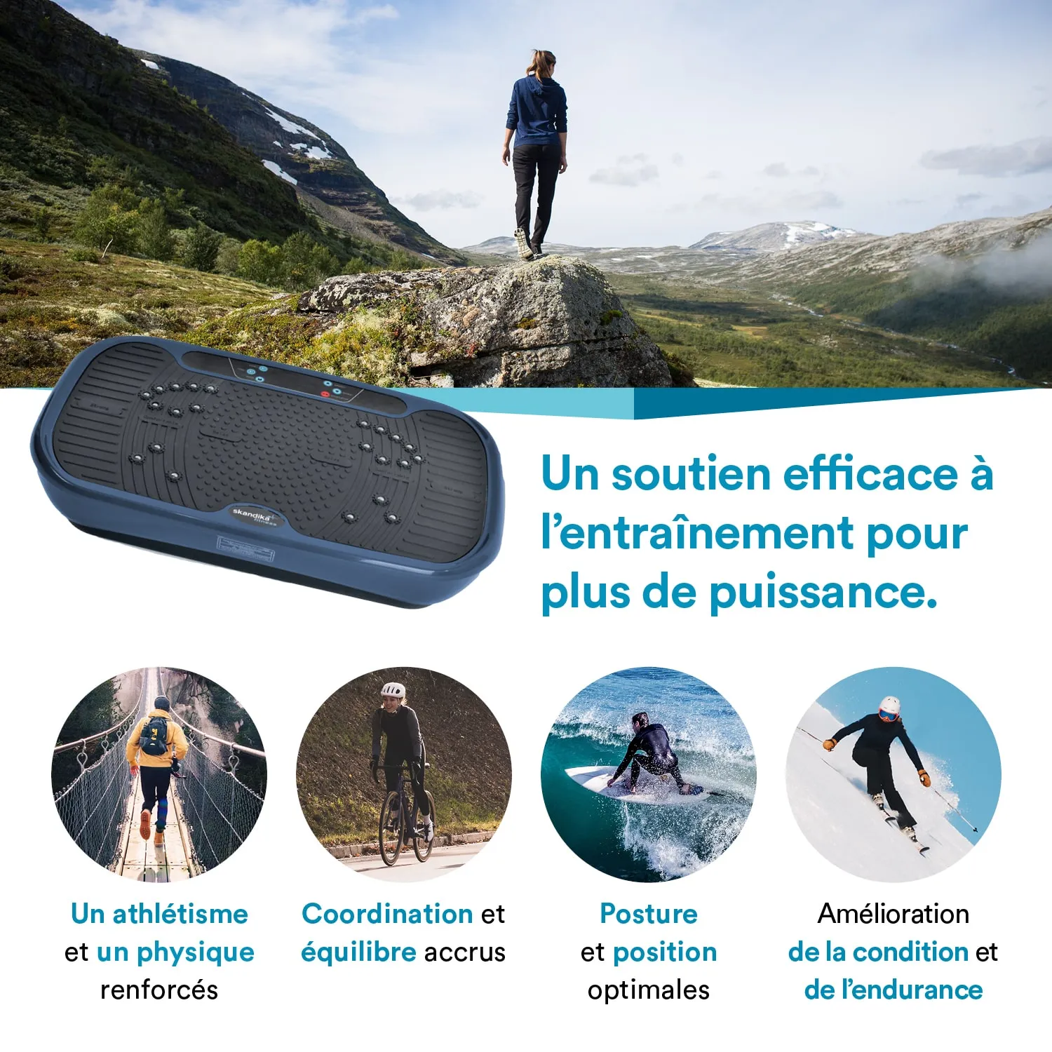 Eine Person steht auf einem Felsen inmitten einer bergigen Landschaft. Unten ist ein Fitnessgerät abgebildet. Außerdem sind drei Symbole mit Personen bei verschiedenen Aktivitäten (Radfahren, Surfen, Skifahren) und dazugehörigen Texten dargestellt.