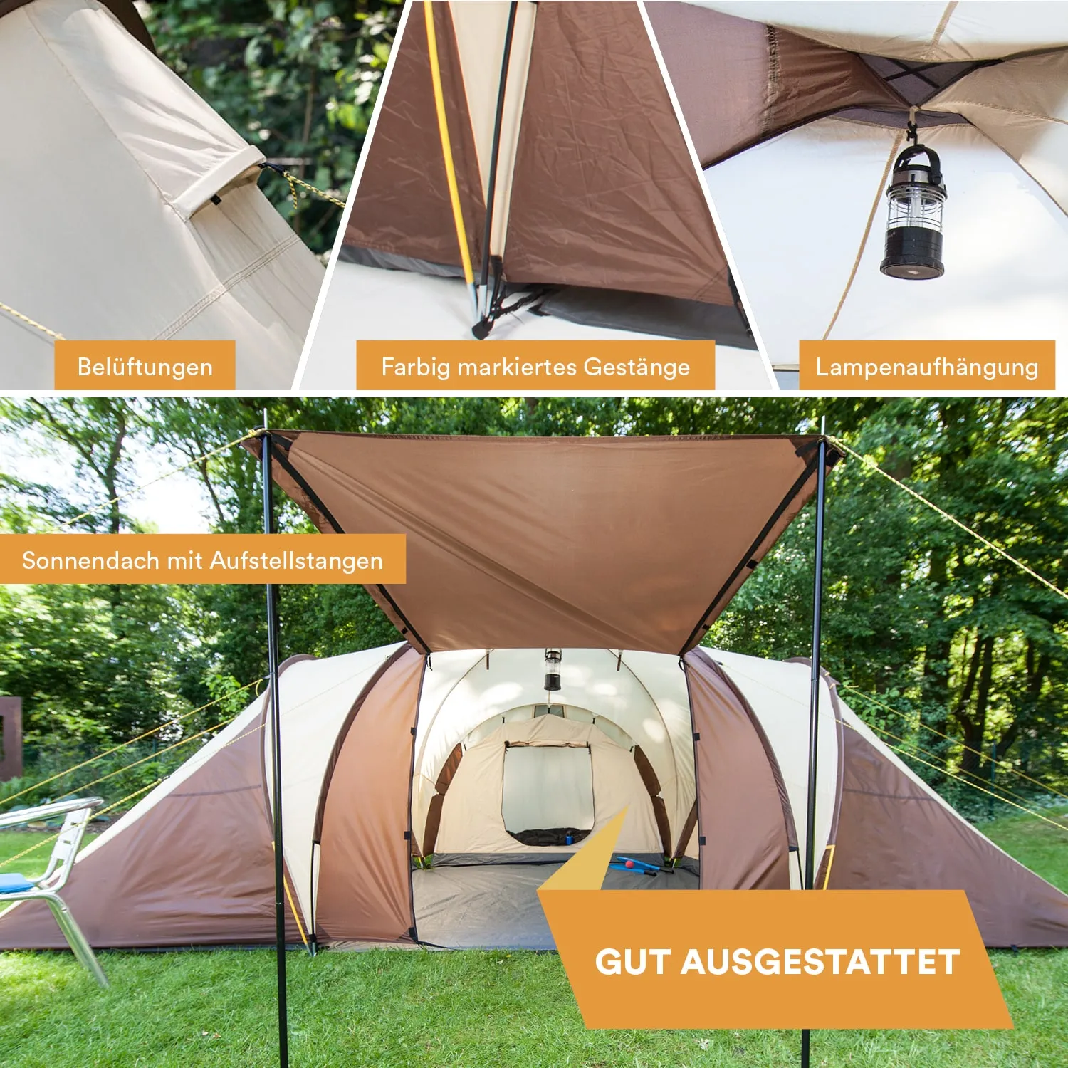 Zelt mit farblich markiertem Gestänge, Belüftungen, Lampe und Sonnendach, umgeben von grünen Bäumen und Gras.