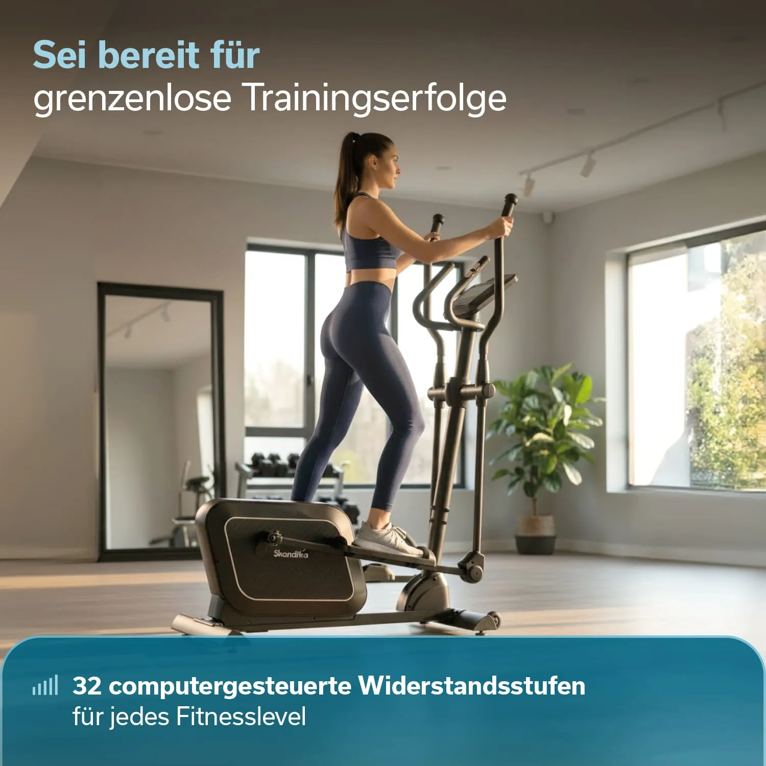 Person auf einem Crosstrainer in einem modernen Raum mit Fenstern und Pflanzen. Text zu Trainingsmöglichkeiten im Bild.