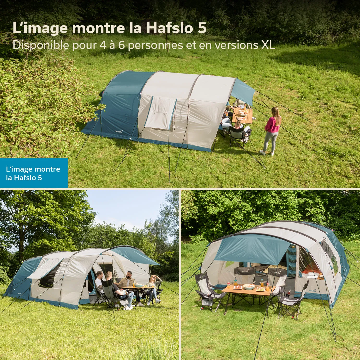Zelt in der Natur, umgeben von Bäumen. Personen sitzen und genießen eine Mahlzeit an einem Tisch. Aussicht von verschiedenen Winkeln.