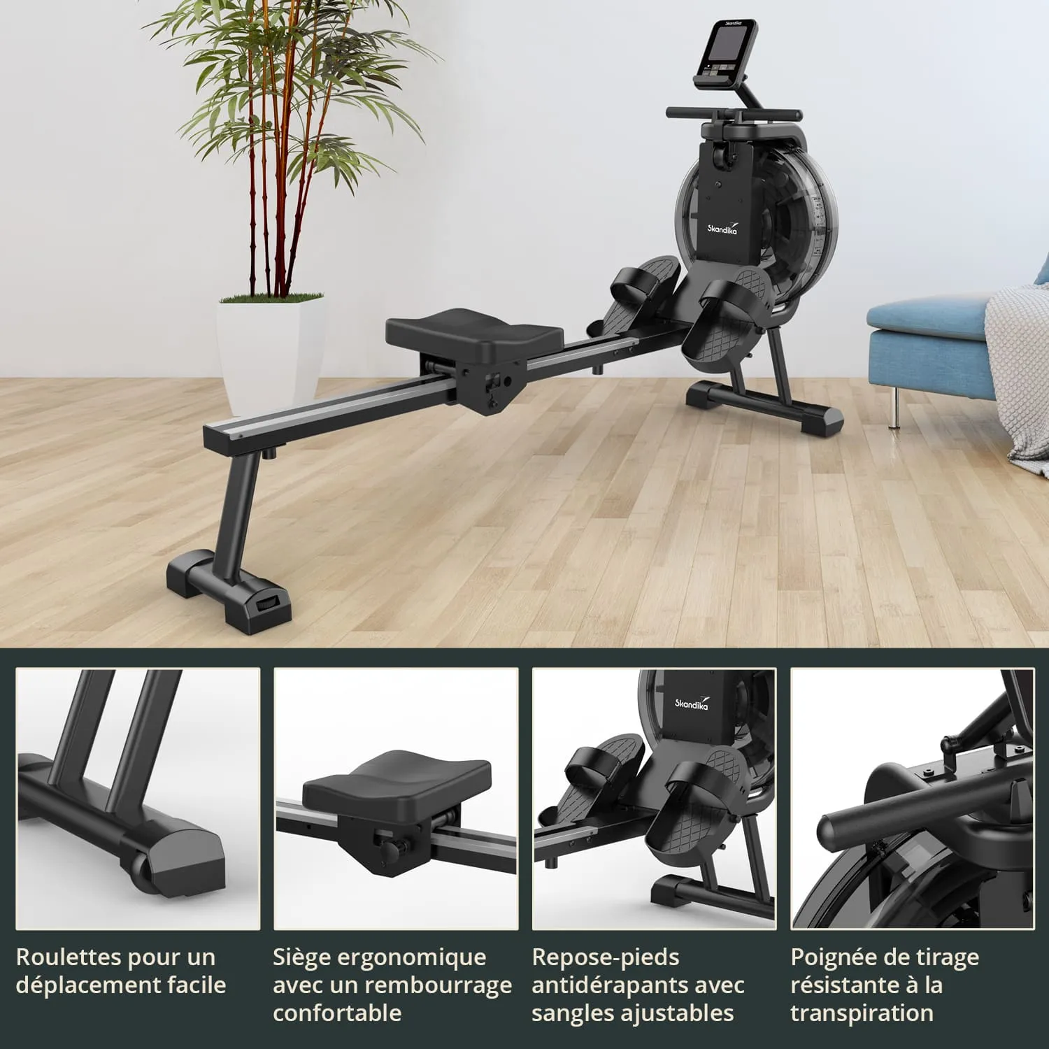 Rudergerät in moderner Ausstattung, mit ergonomischem Sitz, verstellbaren Fußstützen und Bildschirm. Im Hintergrund eine Pflanze.