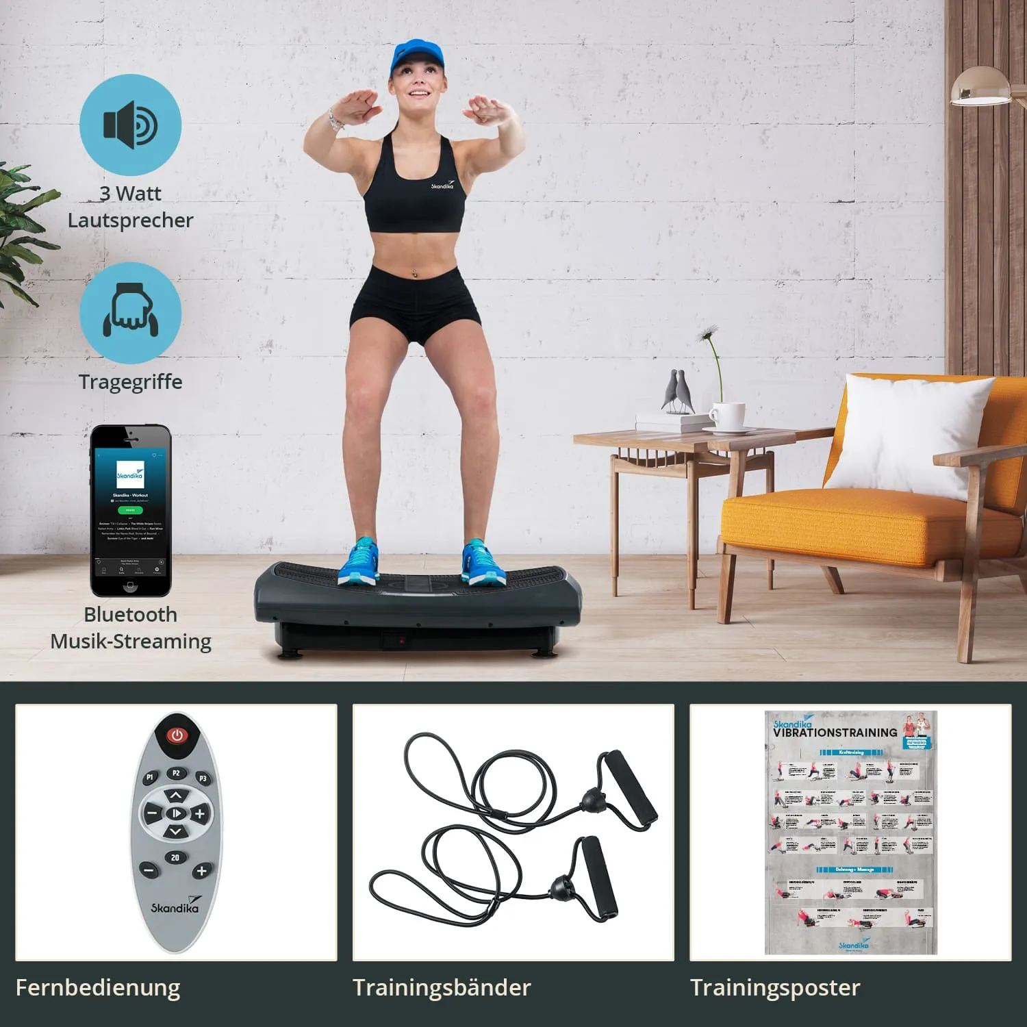 Eine Person steht auf einem Vibrationsgerät in einem hellen Raum. Daneben sind ein Smartphone, eine Fernbedienung, Trainingsbänder und ein Trainingsposter abgebildet.