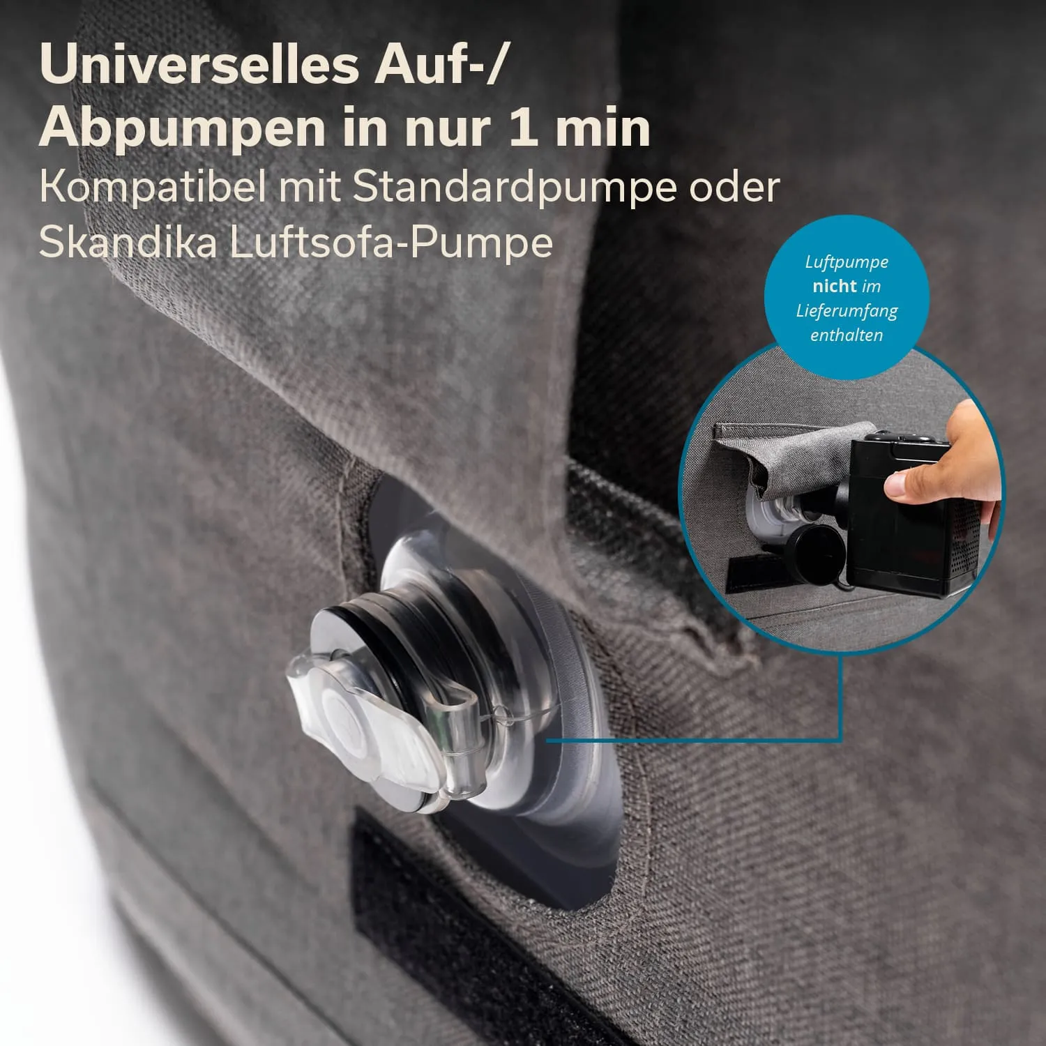 Graues Luftsofa mit Ventil zum Auf- und Abpumpen. Neben einem Handgriff, der eine Pumpe hält, befindet sich eine Zusatzansicht.
