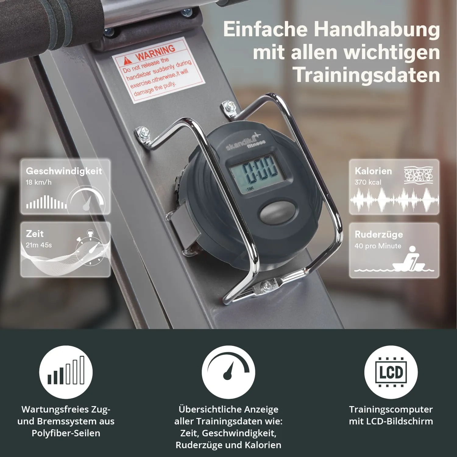 Digitaler Trainingscomputer an einem Rudergerät, zeigt Daten wie Geschwindigkeit, Zeit, Kalorien und Ruderzüge.
