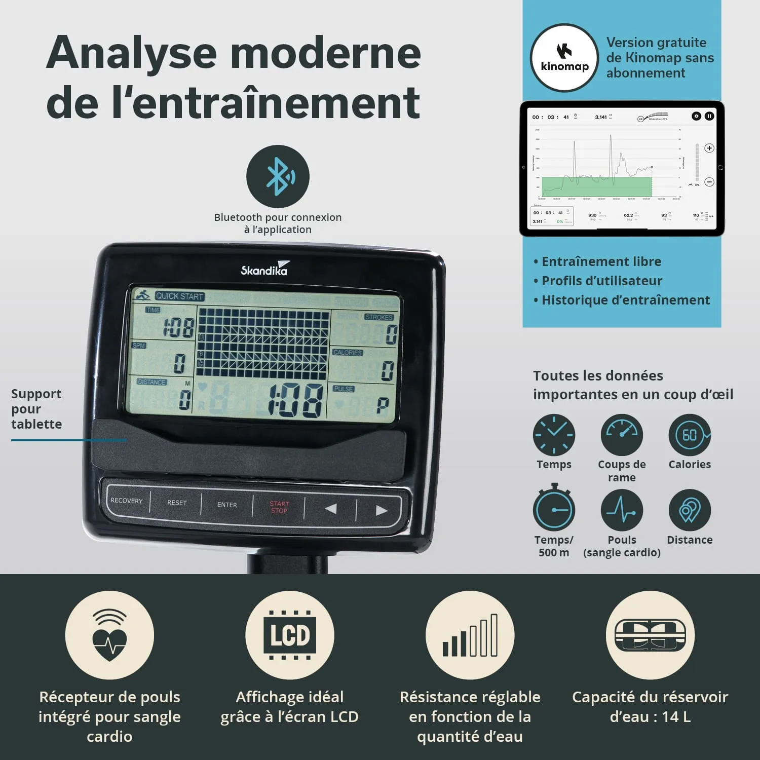 Display eines Fitnessgeräts mit LCD-Bildschirm. Informationen zu Training, Zeit, Kalorien und Herzfrequenz sind sichtbar.