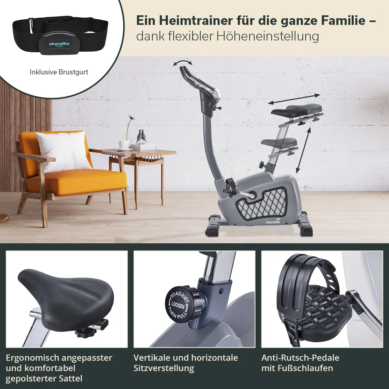 Heimtrainer in einem modernen Raum, orangefarbener Sessel, Holzregal. Sattel, Höhenverstellung und Antirutsch-Pedale sichtbar.