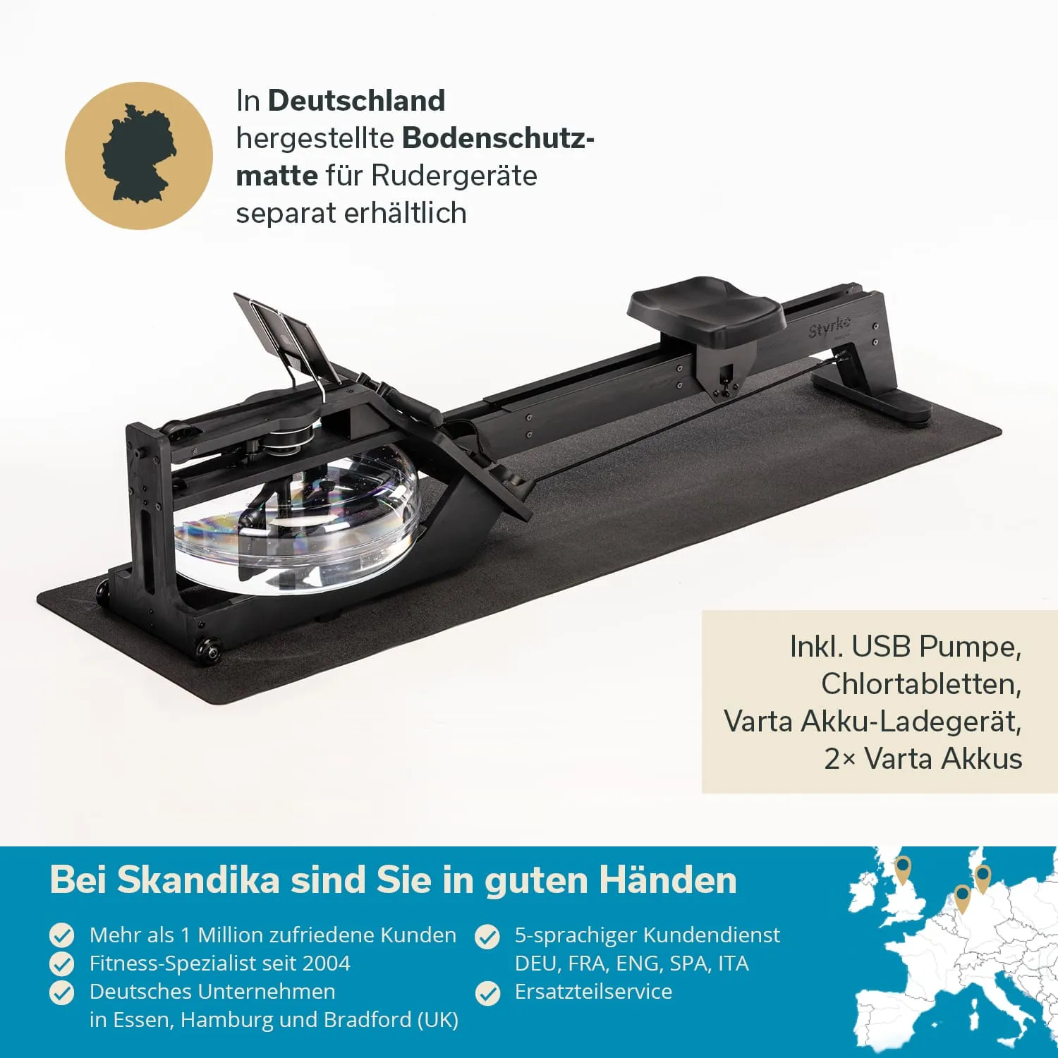 Rudergerät auf einer Bodenschutzmatte in Schwarz, mit einer transparenten Wasserbehälter-Design und Zubehörinformationen.