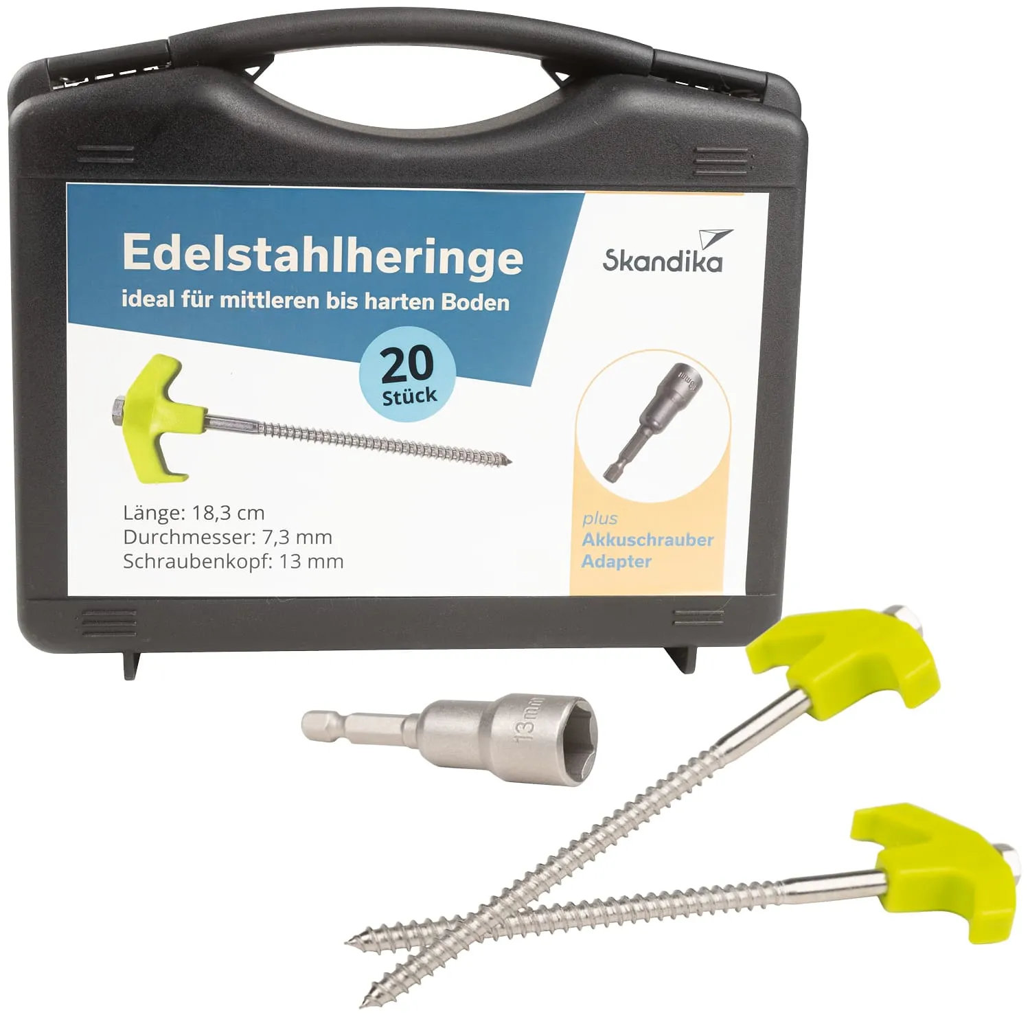 Schwarze Werkzeugbox mit gelben Schrauben und einem Adapter. Enthält 20 Edelstahlheringe für den Boden.
