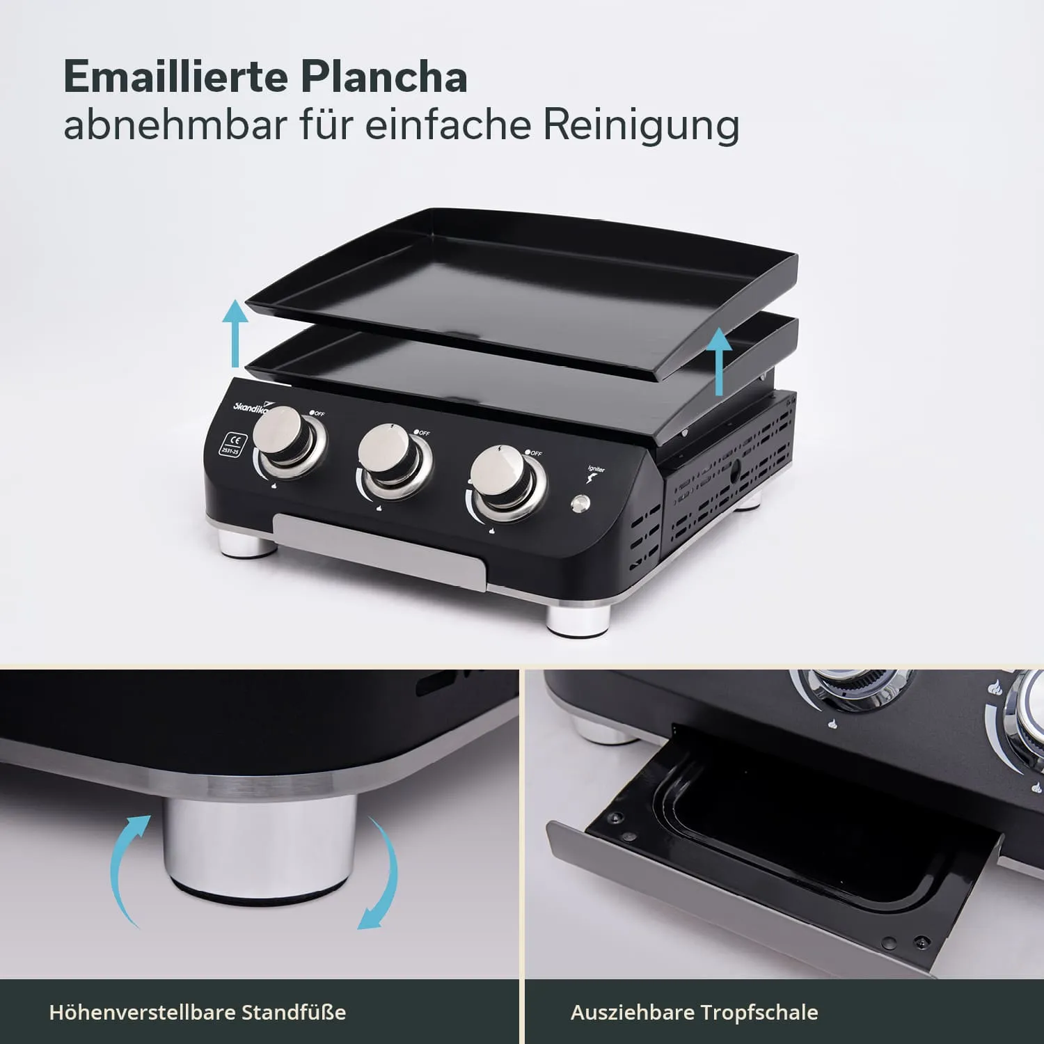 Grillgerät mit abnehmbarer emaillierter Planchafläche und drei Drehreglern. Höhenverstellbare Standfüße und ausziehbare Tropfschale.