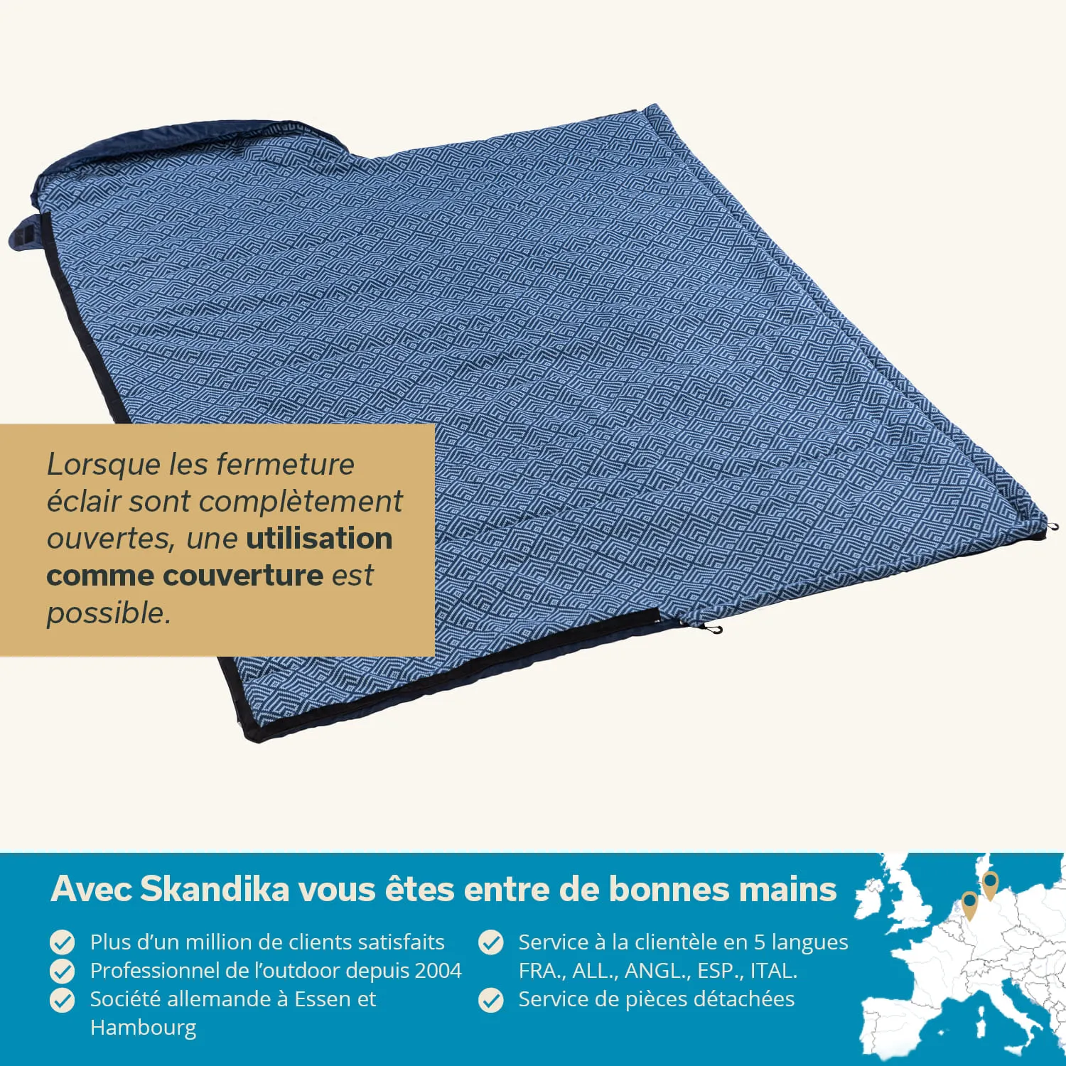 Blaues, gemustertes Bettzeug mit offenem Reißverschluss, auf einem hellen Hintergrund. Textinformationen über Verwendung und Unternehmen.