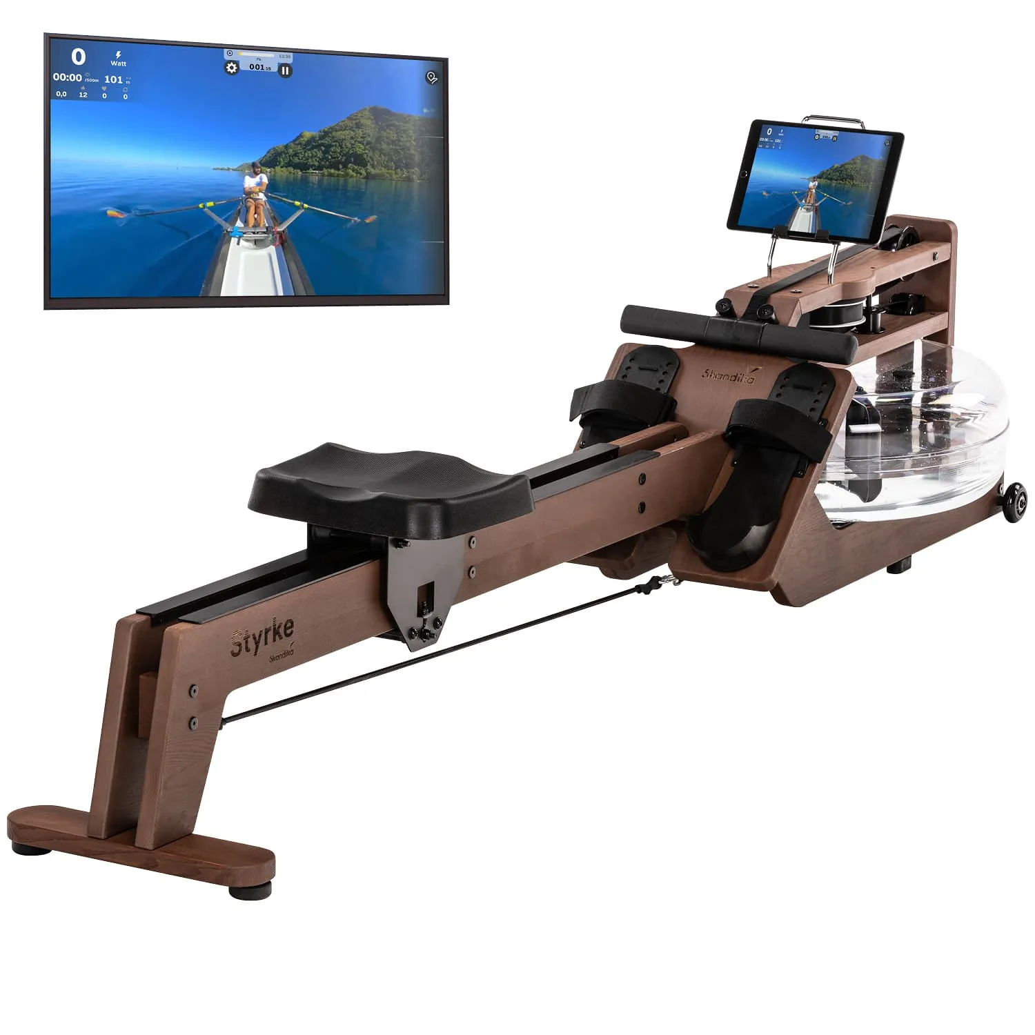 Rudergerät aus Holz mit Wasserbehälter, Monitor und Halterung für ein Tablet, umgt von einem Bildschirm mit Ruder-Szene.