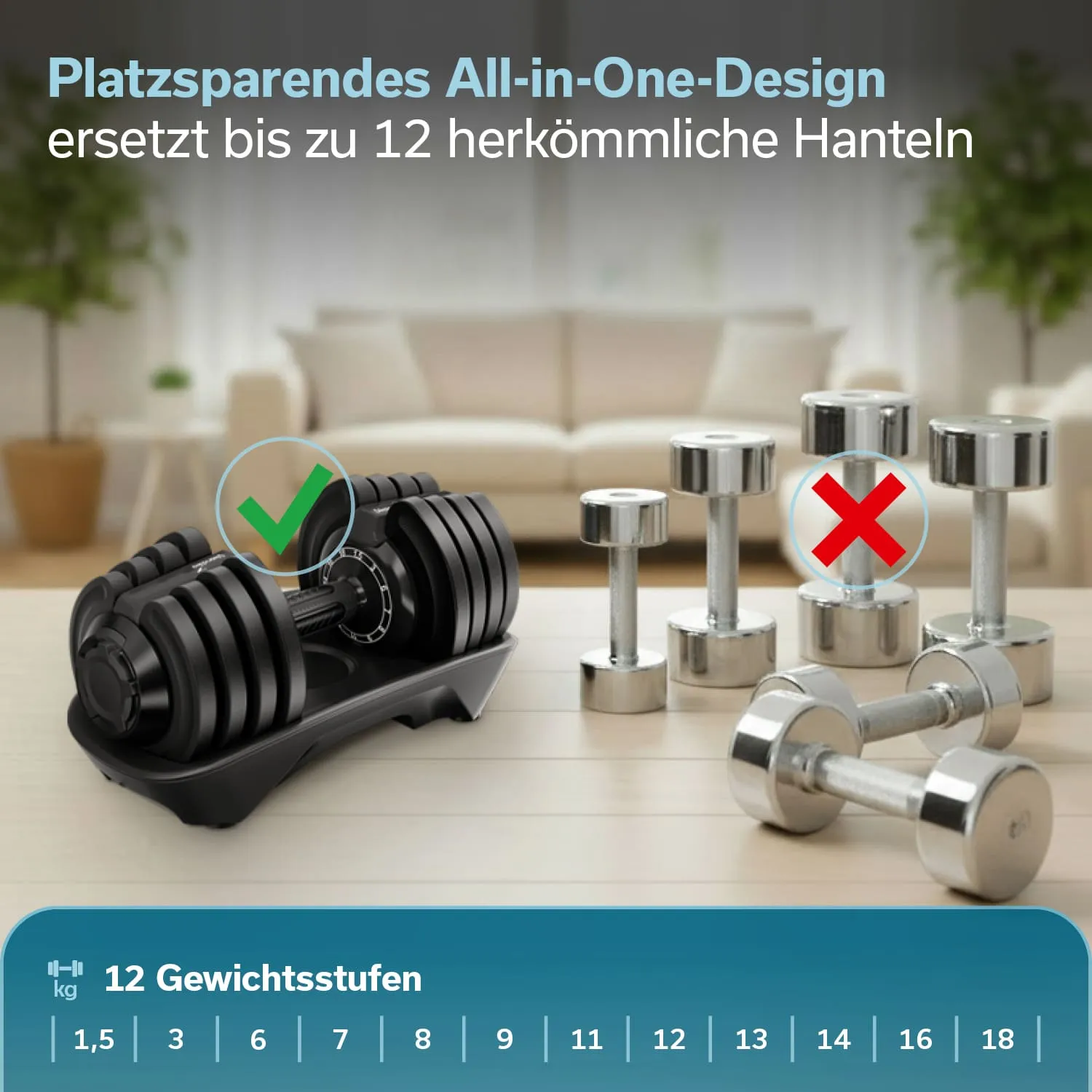 Ein verstellbares Hantelset auf einem Tisch. Es zeigt eine kompakte Hantel mit verschiedenen Gewichtsstufen und mehreren herkömmlichen Hanteln. Sofakissen im Hintergrund.