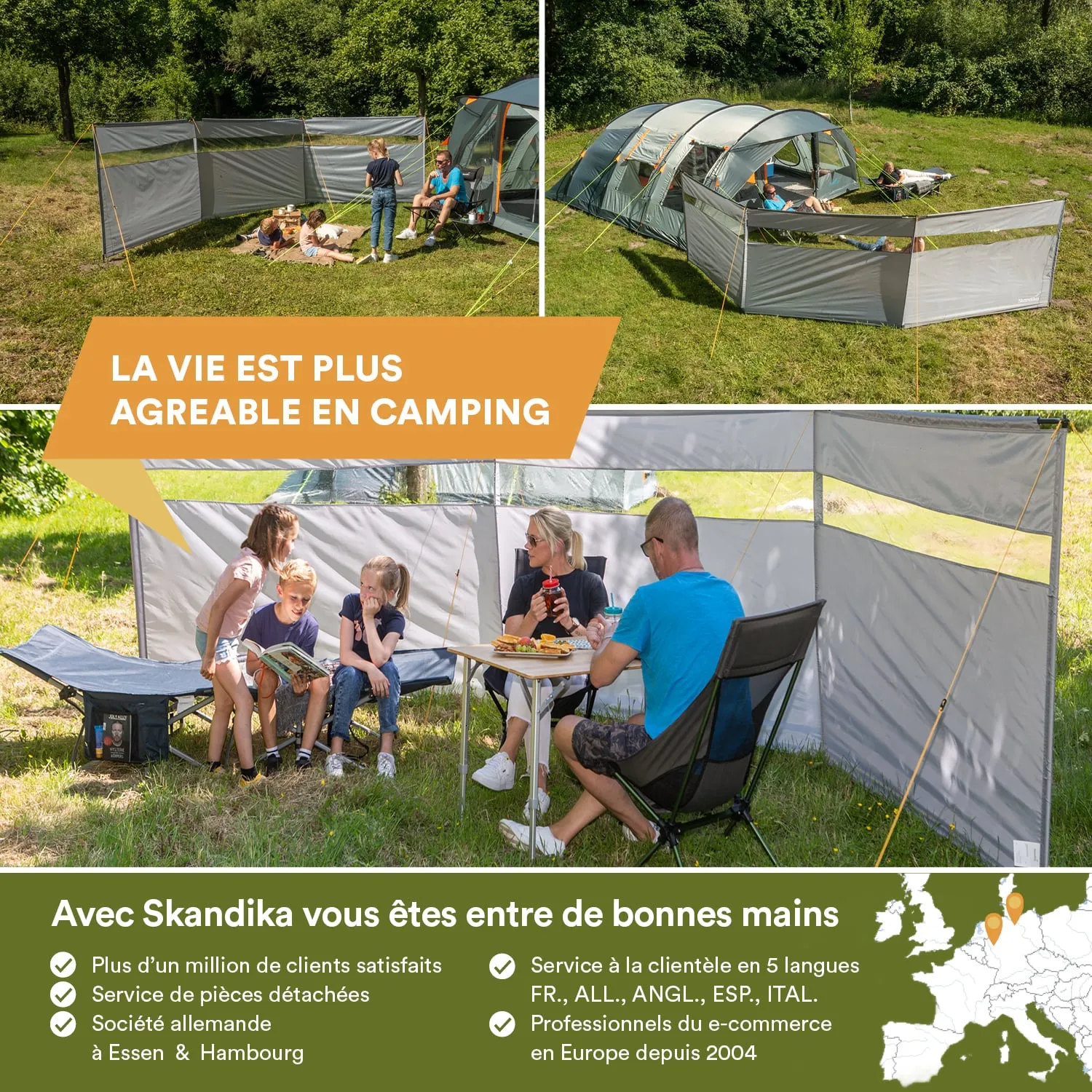 Campingplatz mit zwei Zelten, einer Familie am Essenstisch im Freien und einer Textblase mit Werbetext.